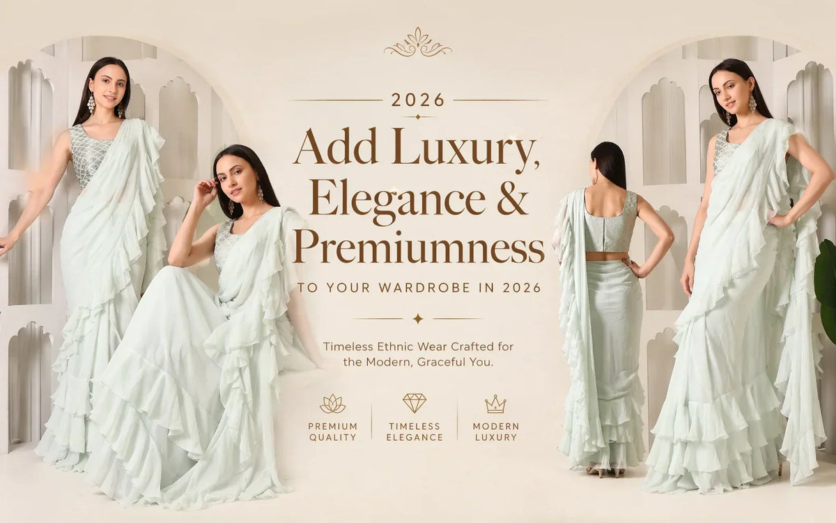 Women wearing luxury ethnic wear including Banarasi salwar suits, anarkali sets and designer outfits.