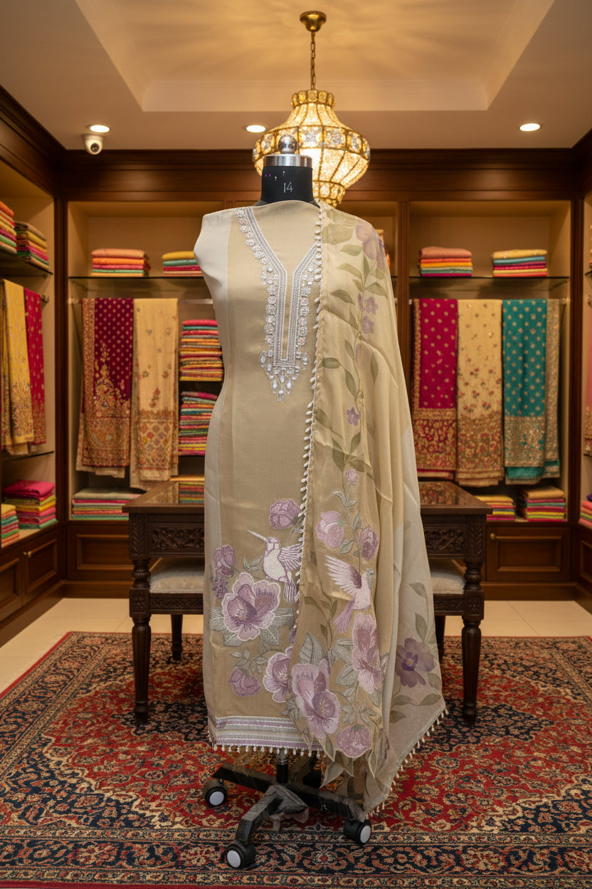 A beige three-piece salwar kameez suit set displayed on a black dress form, featuring a printed beige kameez top with silver embroidery, a matching dupatta with pink and purple floral patterns, and a printed beige fabric panel.