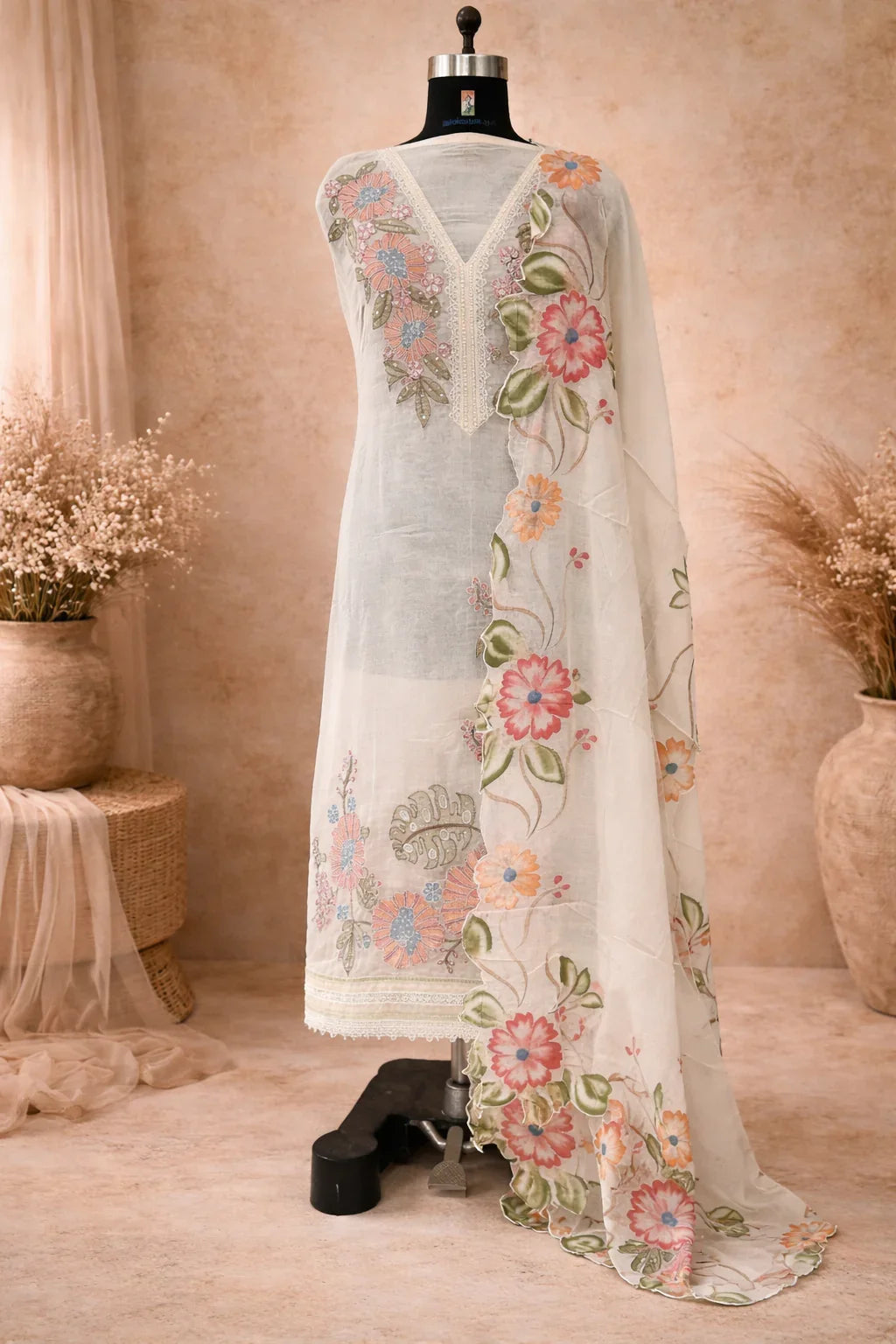 Mannequin displaying sheer white ethnic kurta set with colorful floral embroidery, V-neck, and dupatta