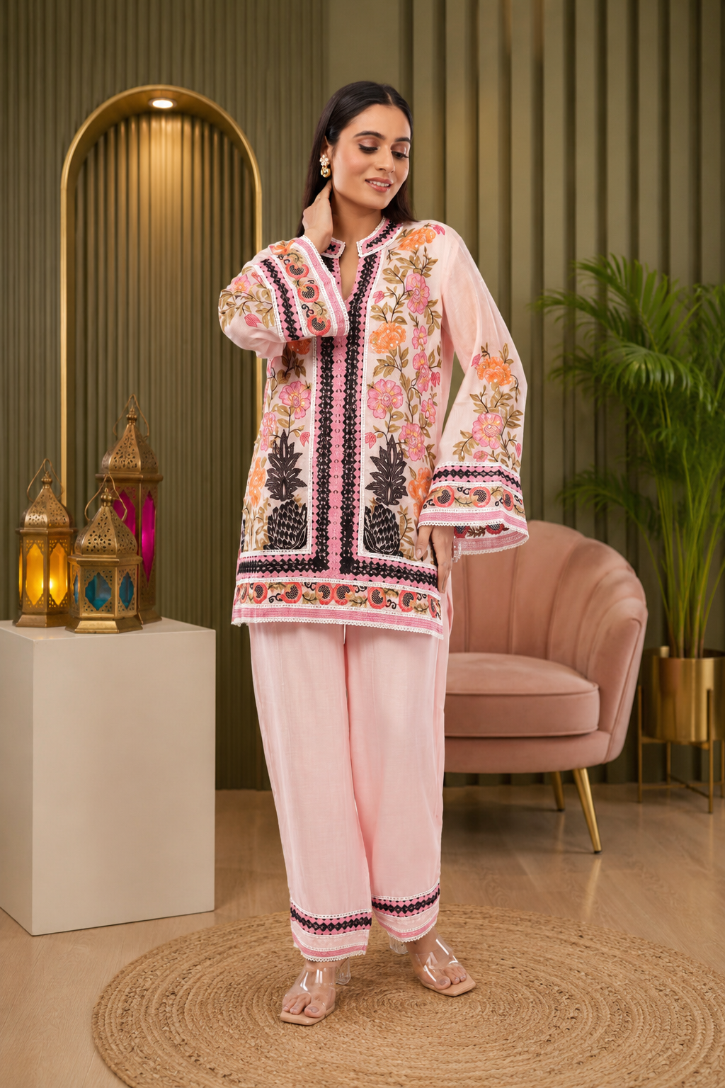 Linen Co-Ord set with hand paint and embroidery