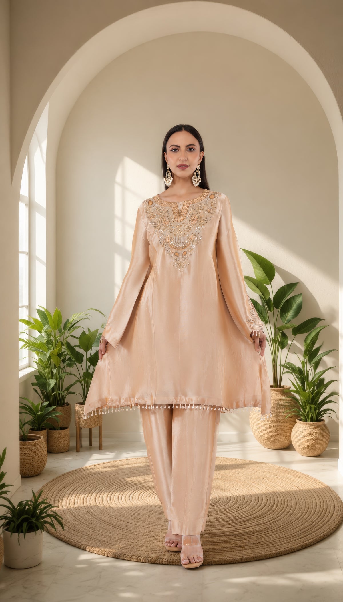 Jiraf silk shirt and bottom, dupatta tissue silk Dori work and beads work with hand