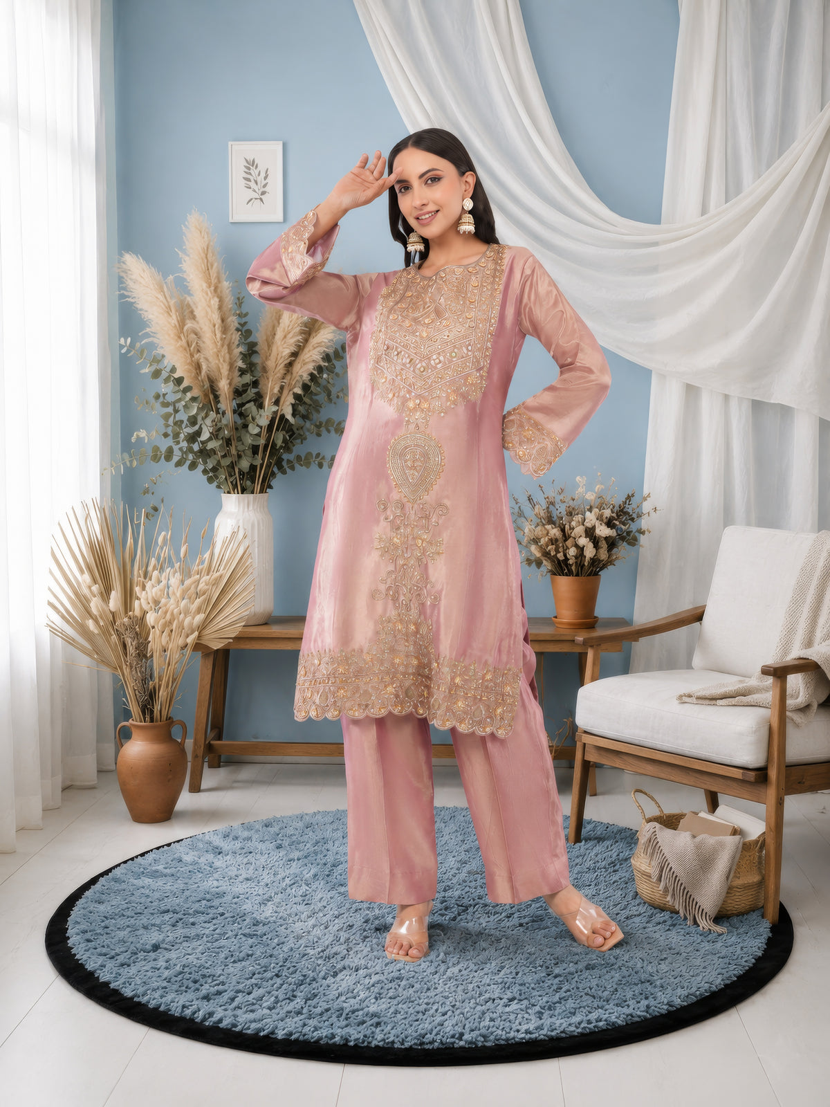 Jiraf silk shirt and bottom, dupatta tissue silk Dori work and beads work with hand