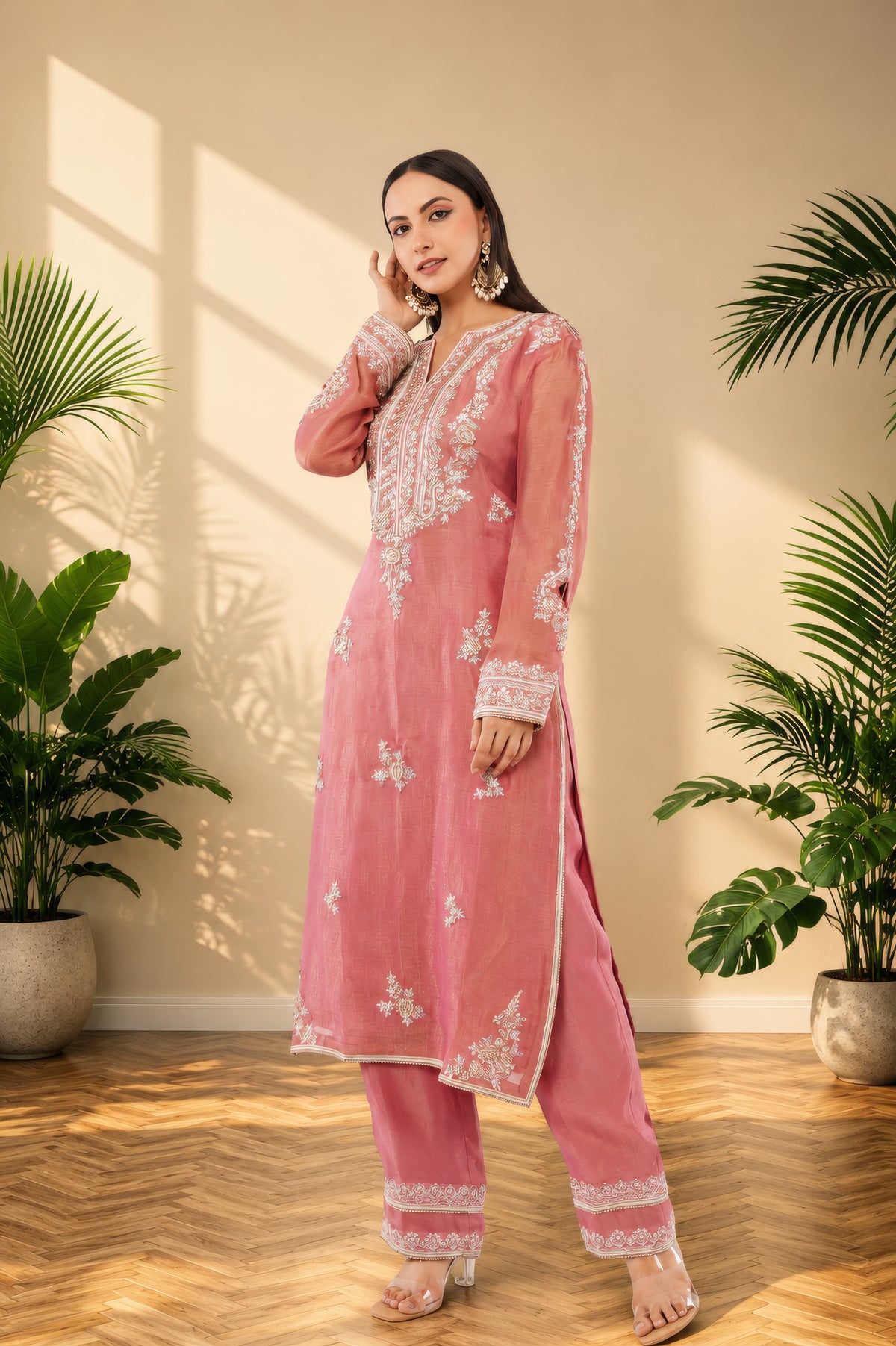 Organza tissue shirt dupatta and bottom, thread embroidery and hand work