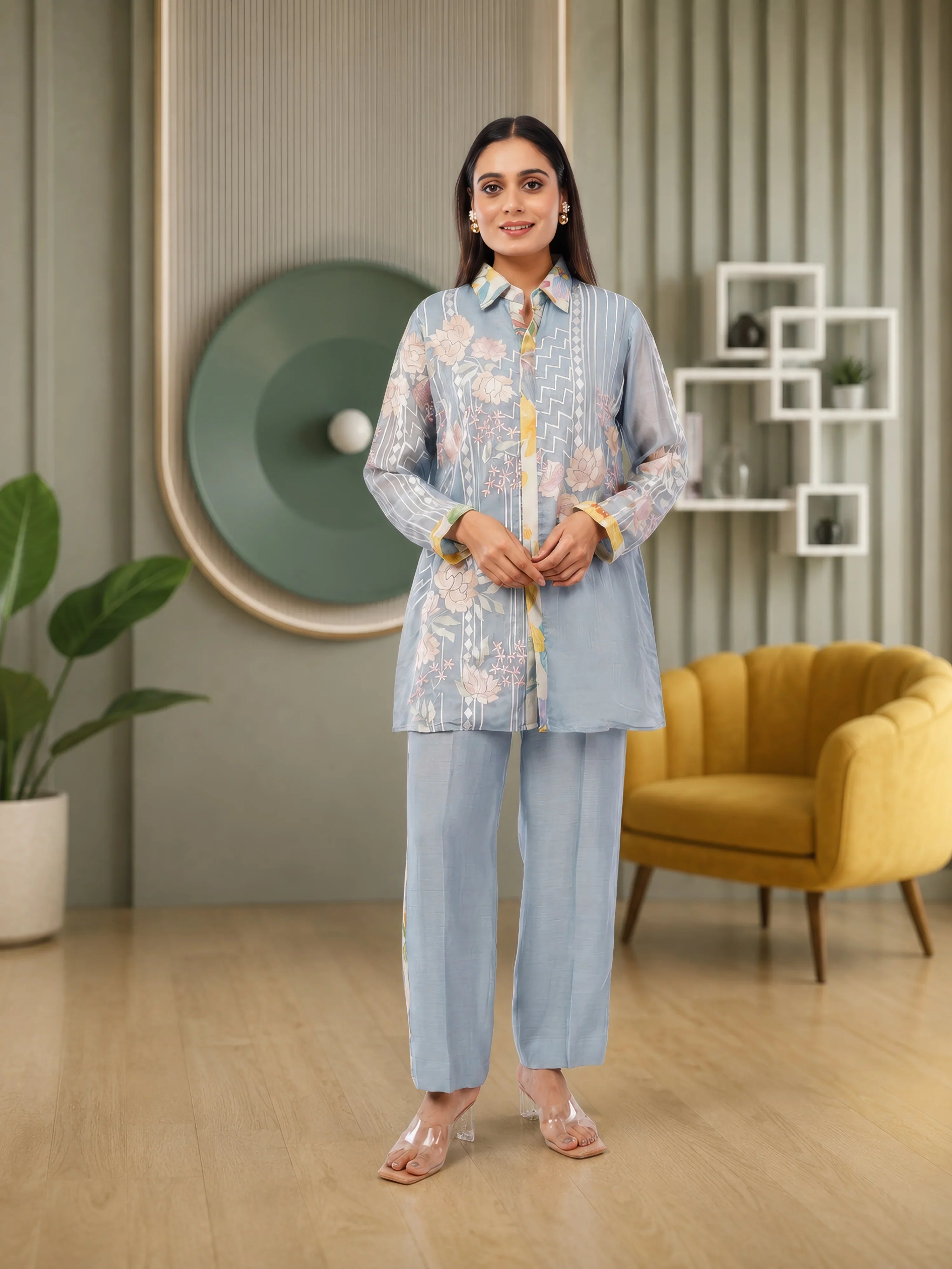 Linen Co-Ord set with hand paint and embroidery