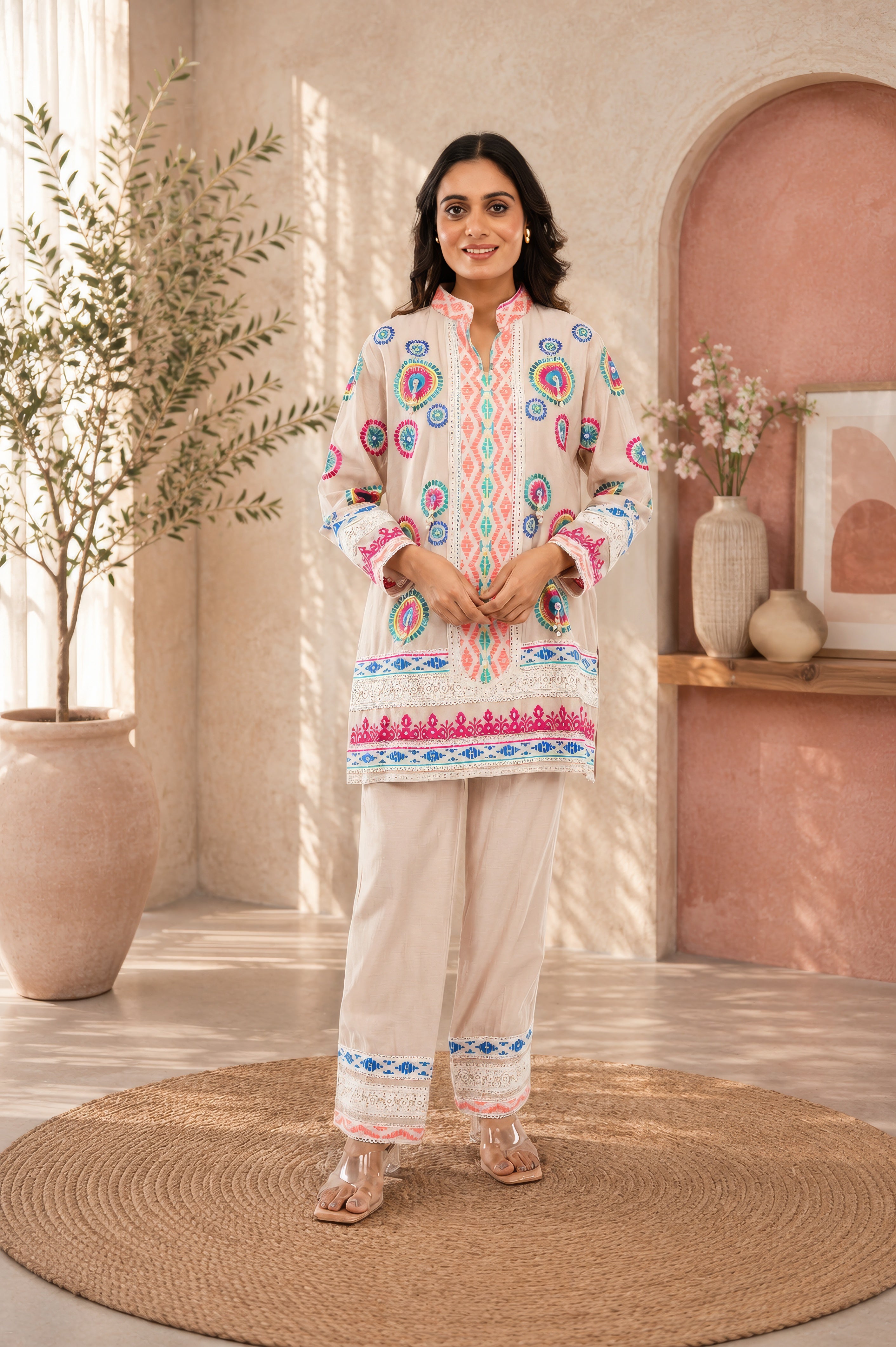 Linen Co-Ord set with hand paint and embroidery