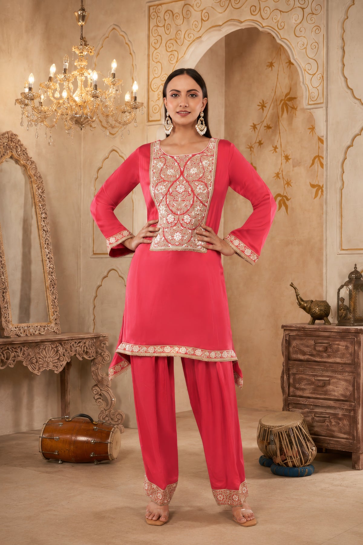 Satin organza shirt and bottom ,Chinon dupatta ,Dori thread work and beads work