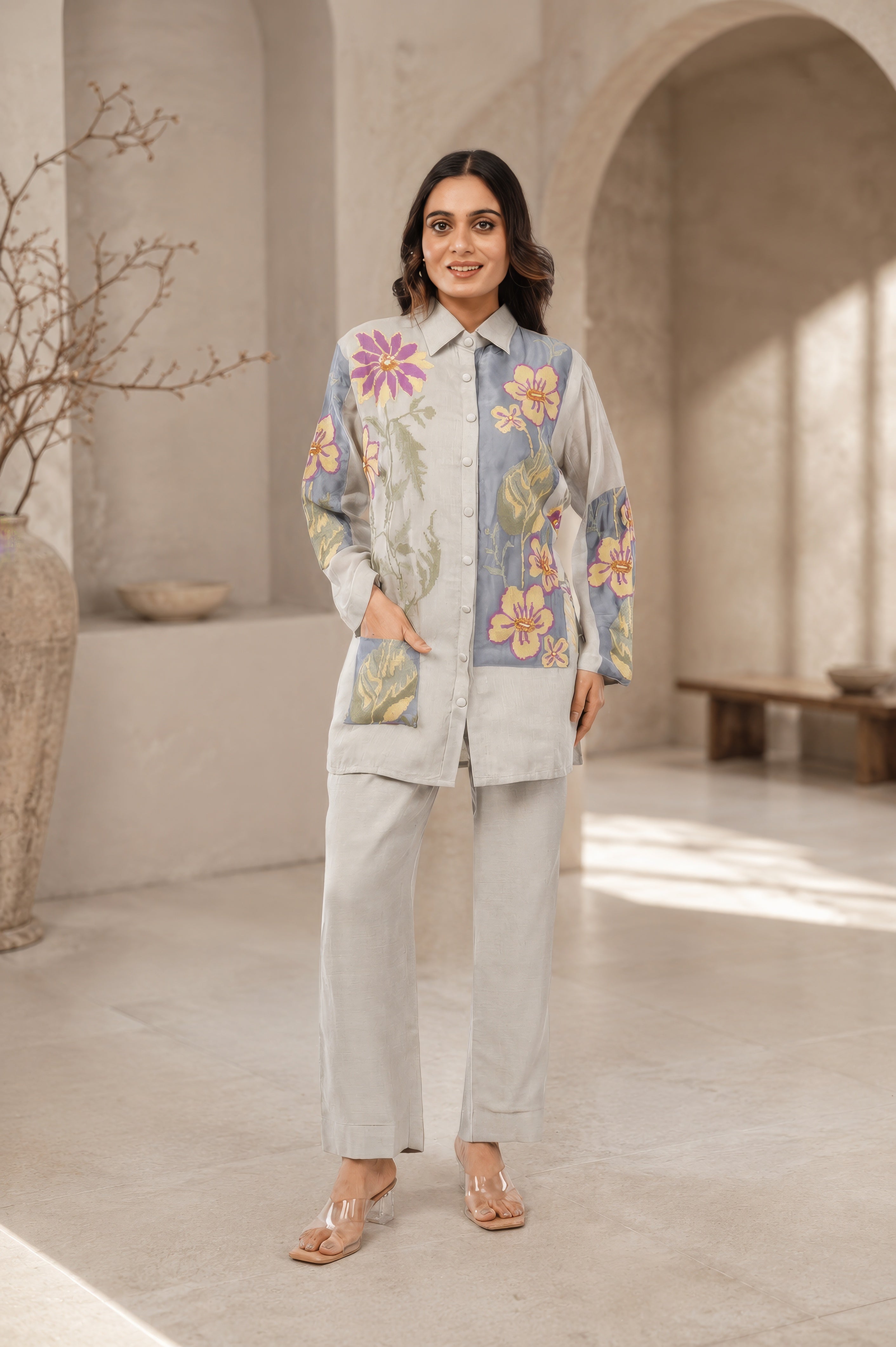 Linen Co-Ord set with hand paint and embroidery