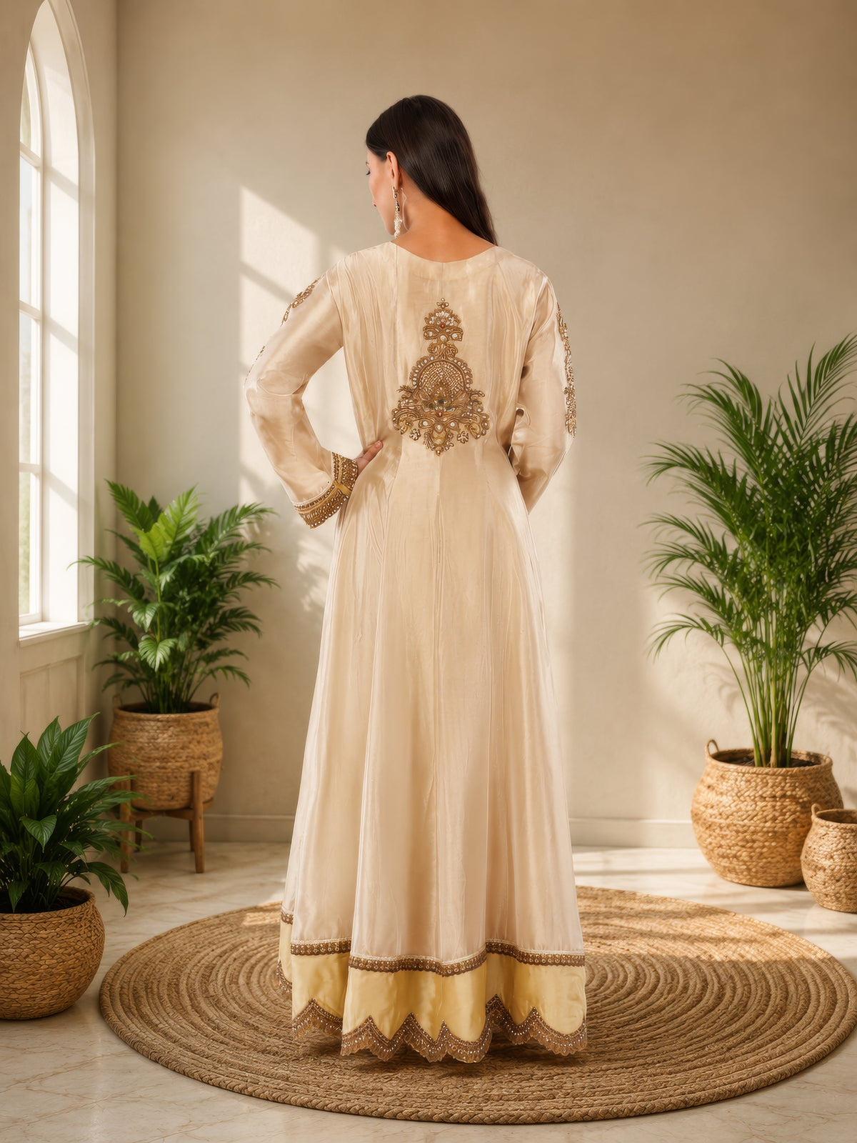 Elegant Jiraaf silk Anarkali with a lustrous finish, paired with a Tissue silk dupatta and intricate hand threadwork