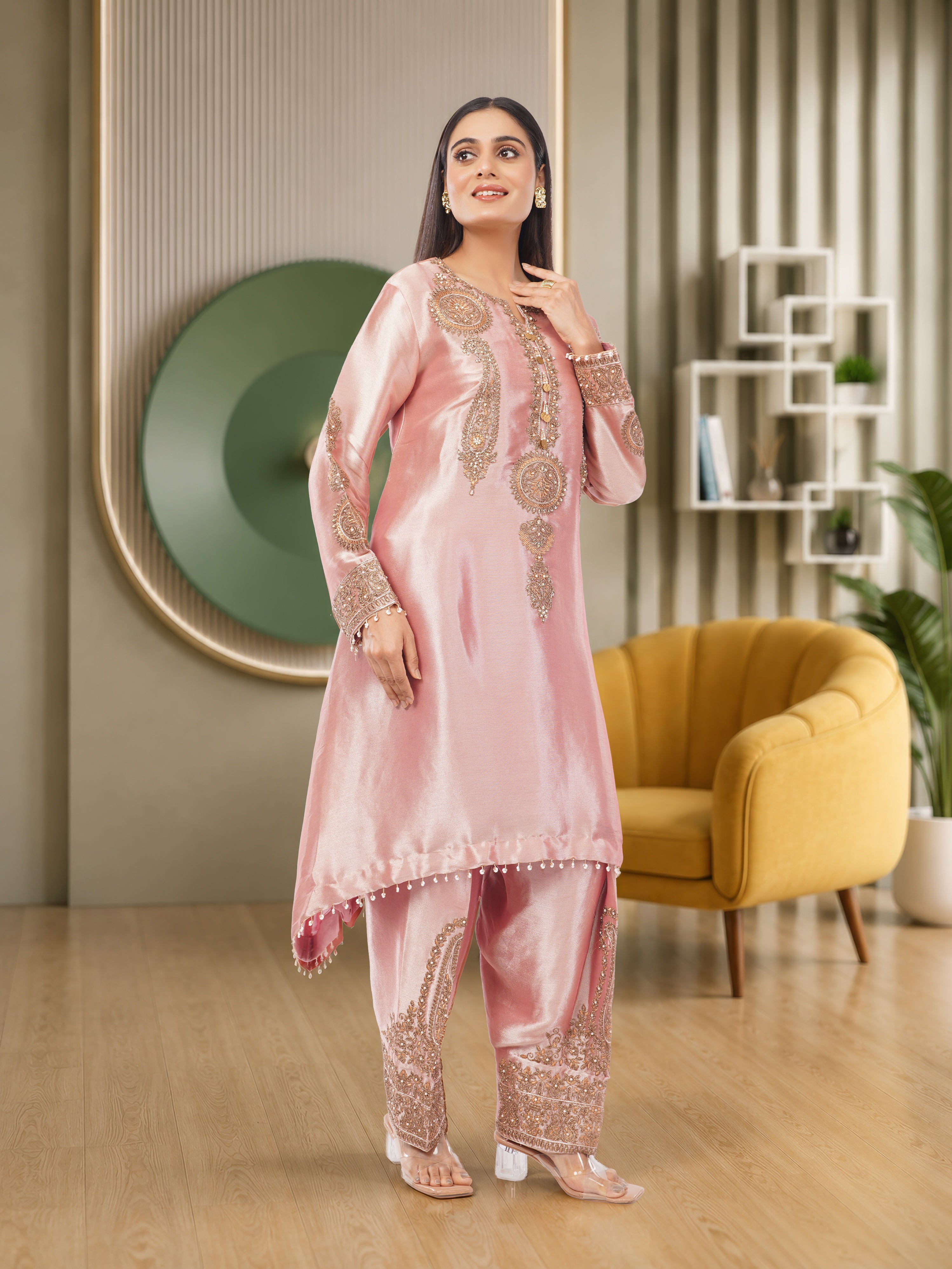 Embroidered Chinon Silk Set