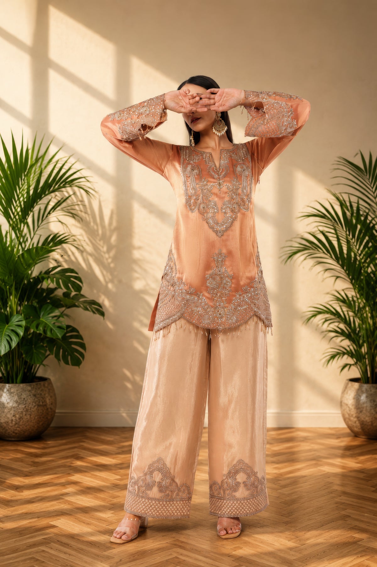 Jiraf silk shirt and bottom, dupatta tissue silk Dori work and beads work with hand