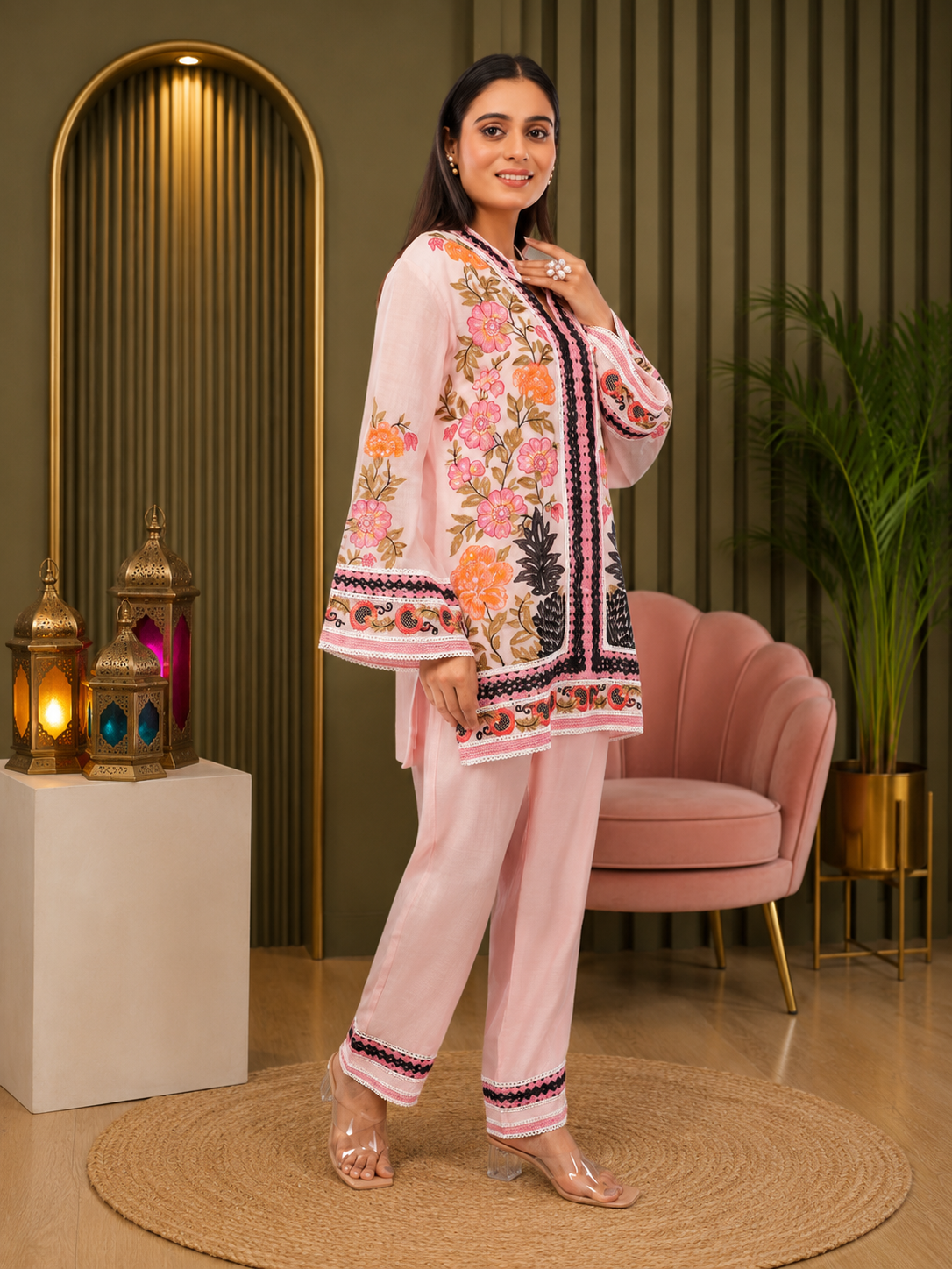Linen Co-Ord set with hand paint and embroidery