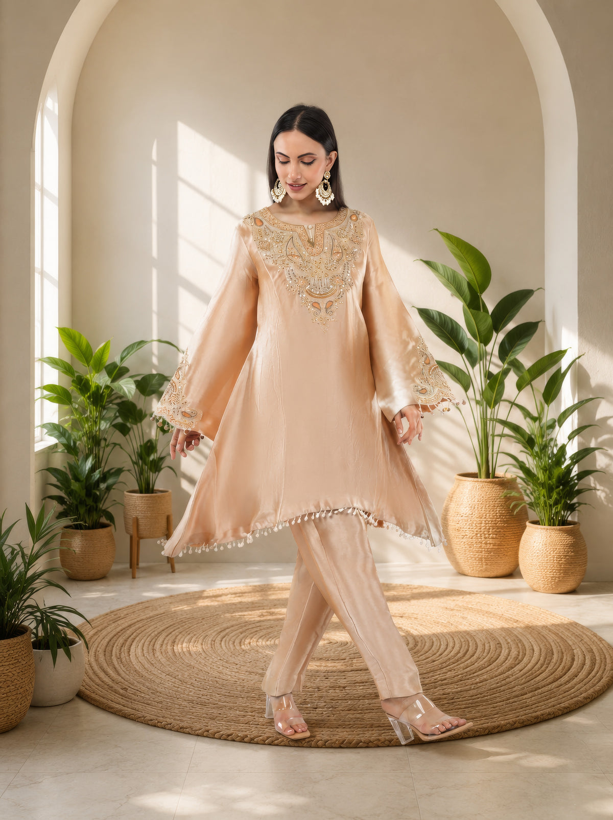 Jiraf silk shirt and bottom, dupatta tissue silk Dori work and beads work with hand
