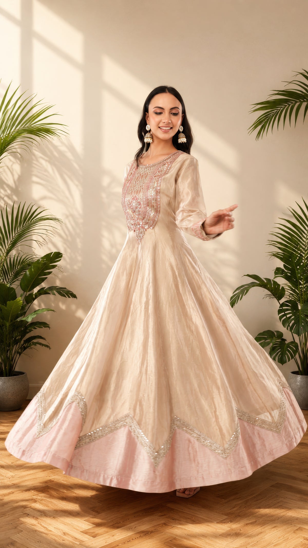 Elegant Jiraaf silk Anarkali with a lustrous finish, paired with a Tissue silk dupatta and intricate hand threadwork