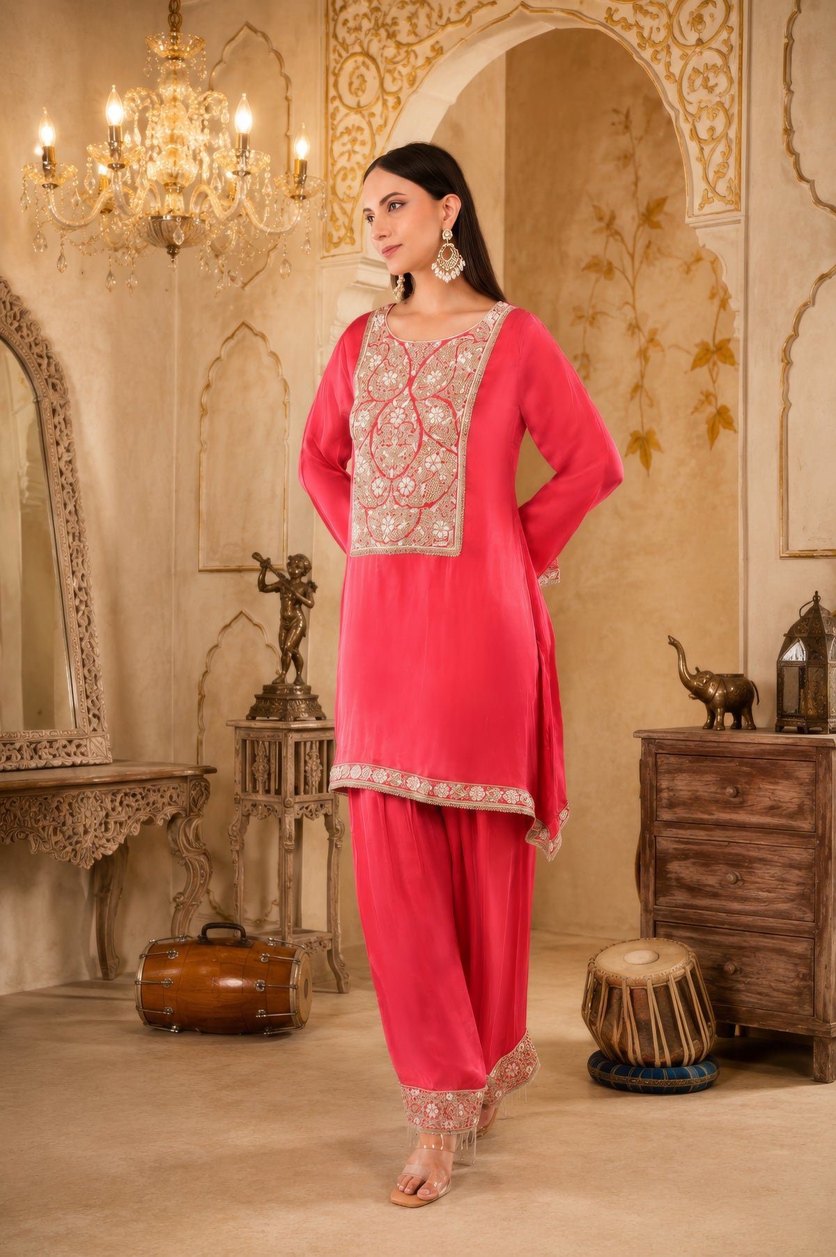 Satin organza shirt and bottom ,Chinon dupatta ,Dori thread work and beads work