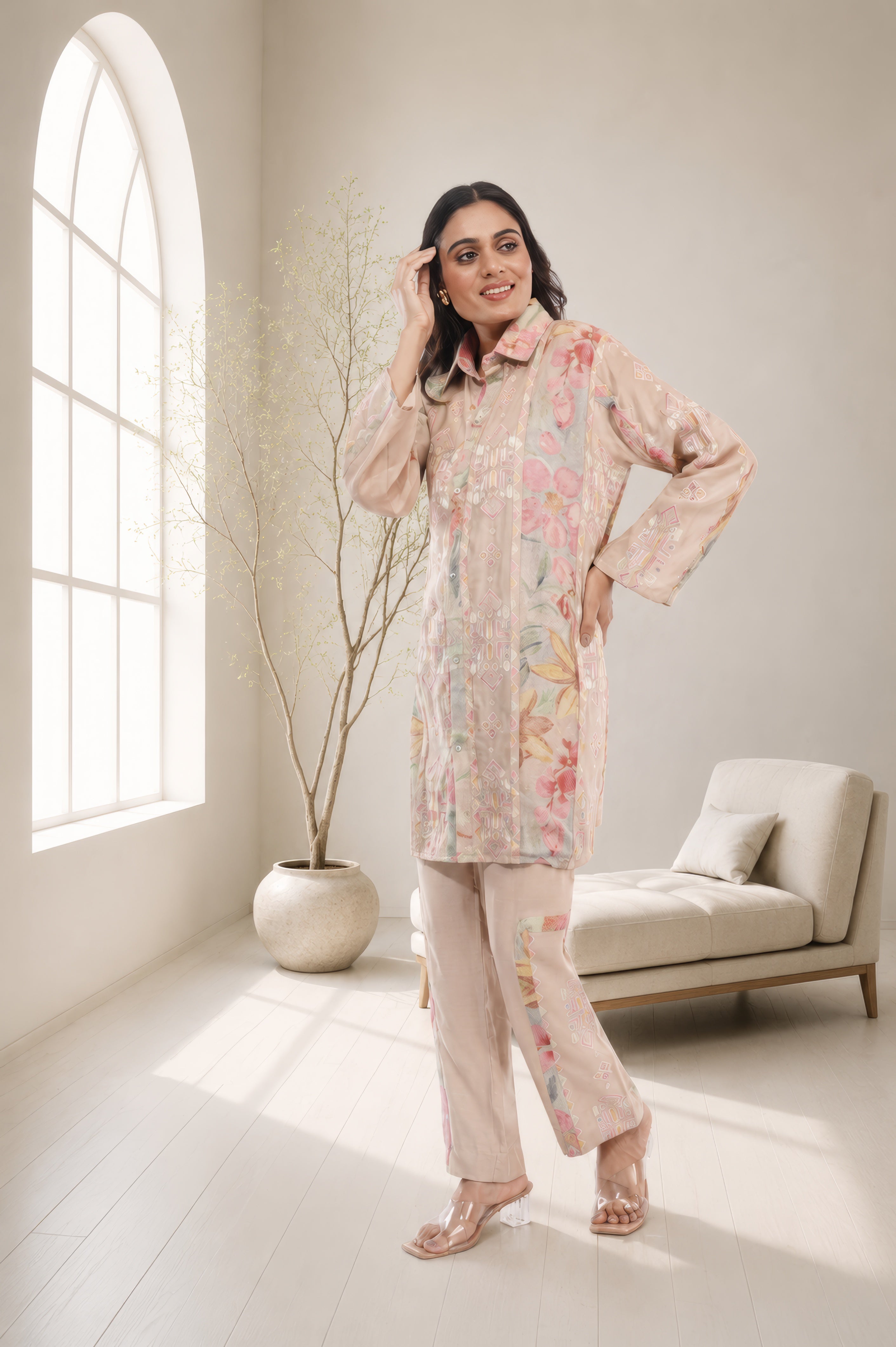 Linen Co-Ord set with hand paint and embroidery