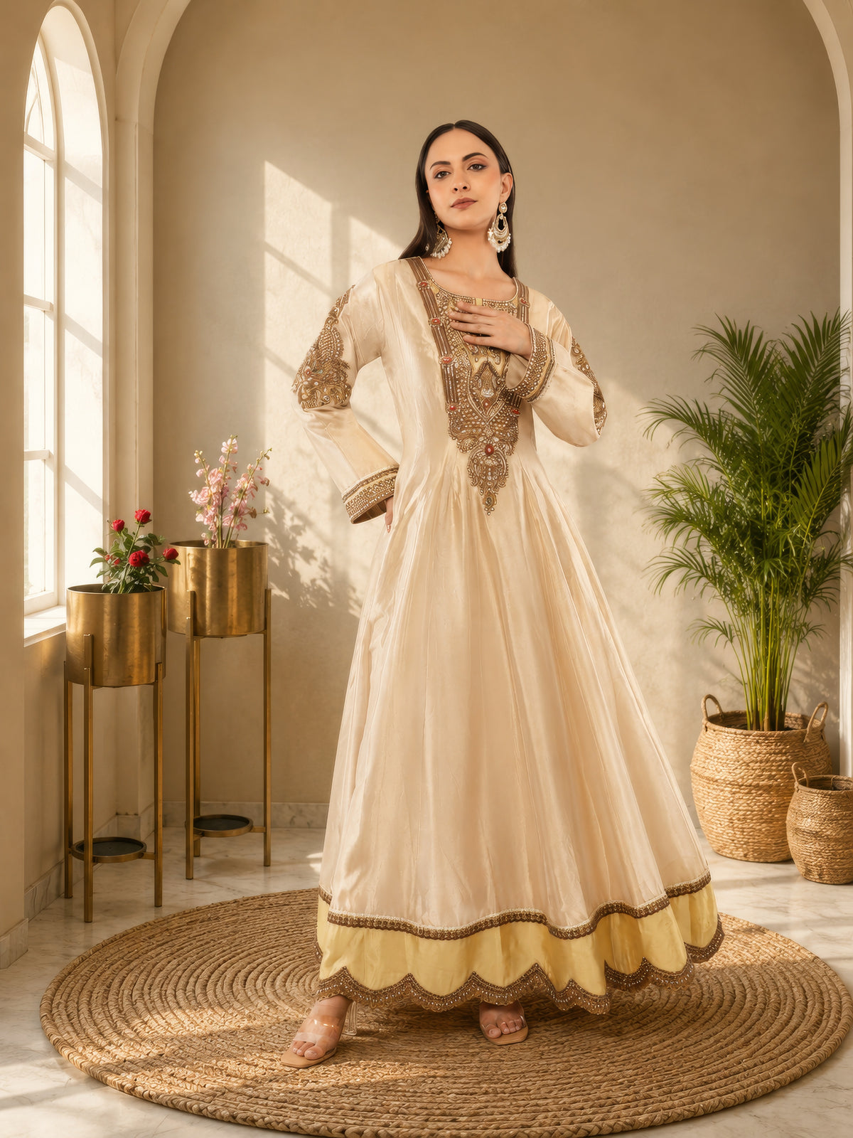 Elegant Jiraaf silk Anarkali with a lustrous finish, paired with a Tissue silk dupatta and intricate hand threadwork