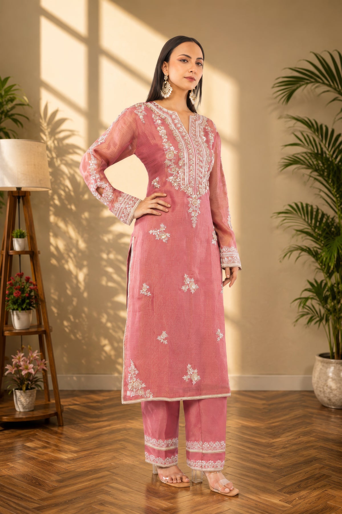 Organza tissue shirt dupatta and bottom, thread embroidery and hand work