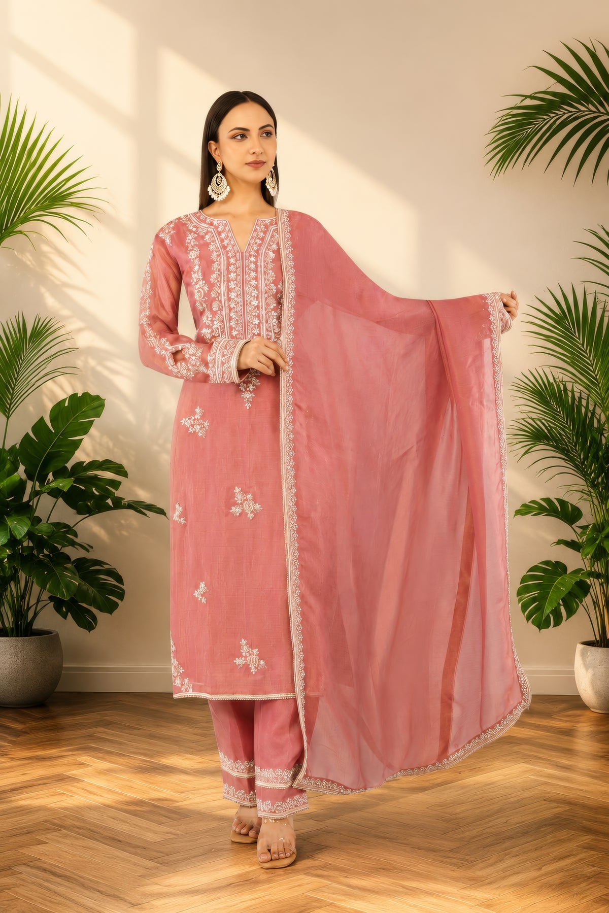 Organza tissue shirt dupatta and bottom, thread embroidery and hand work