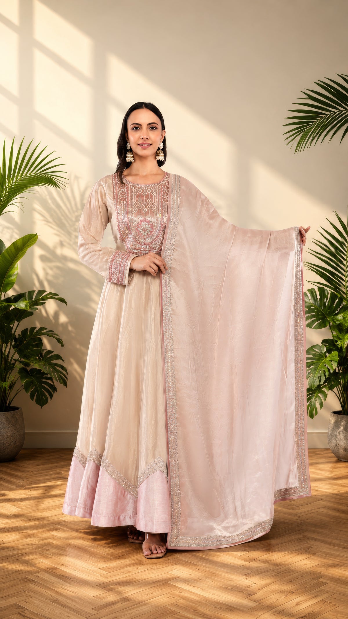 Elegant Jiraaf silk Anarkali with a lustrous finish, paired with a Tissue silk dupatta and intricate hand threadwork