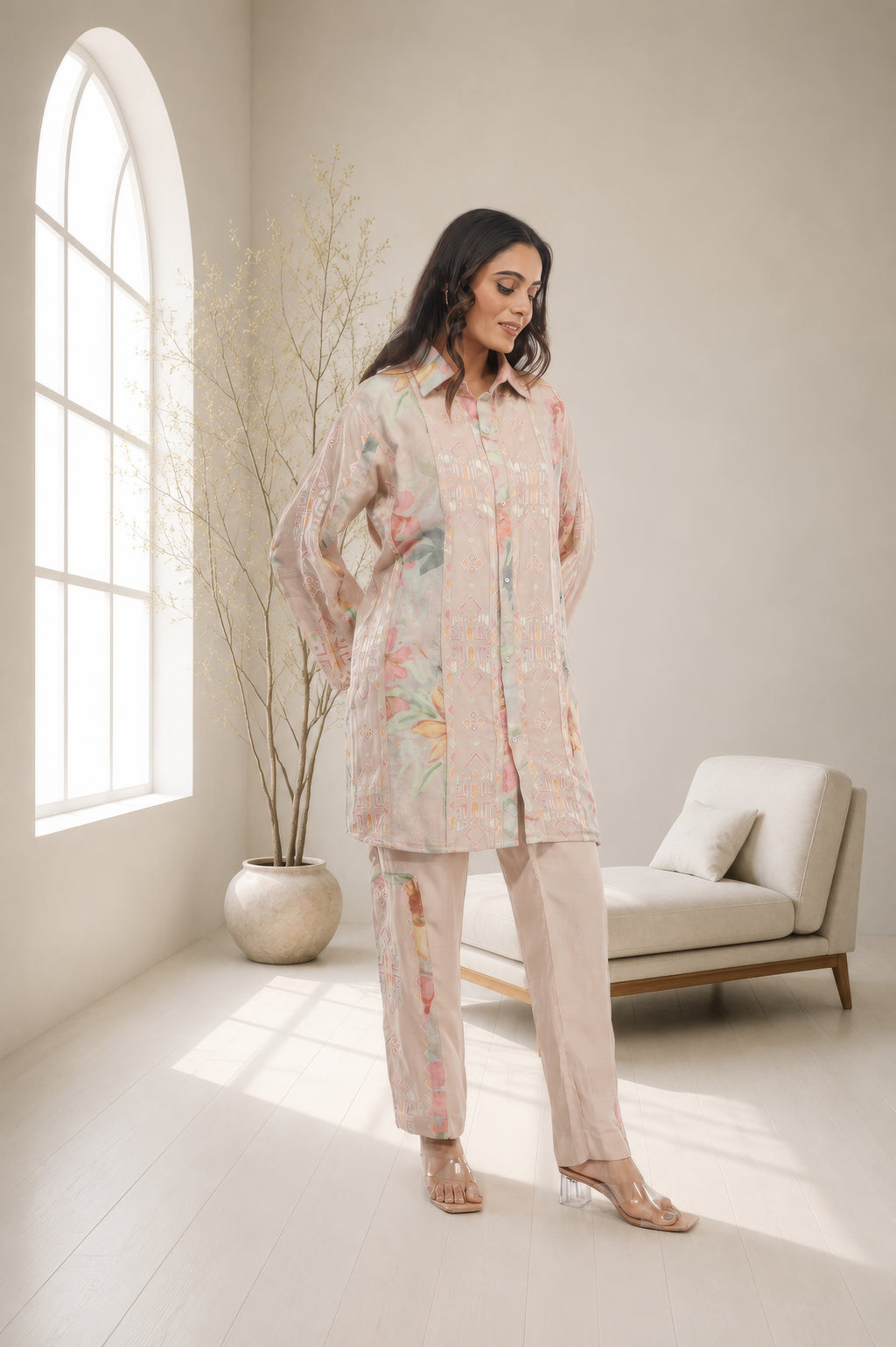 Linen Co-Ord set with hand paint and embroidery