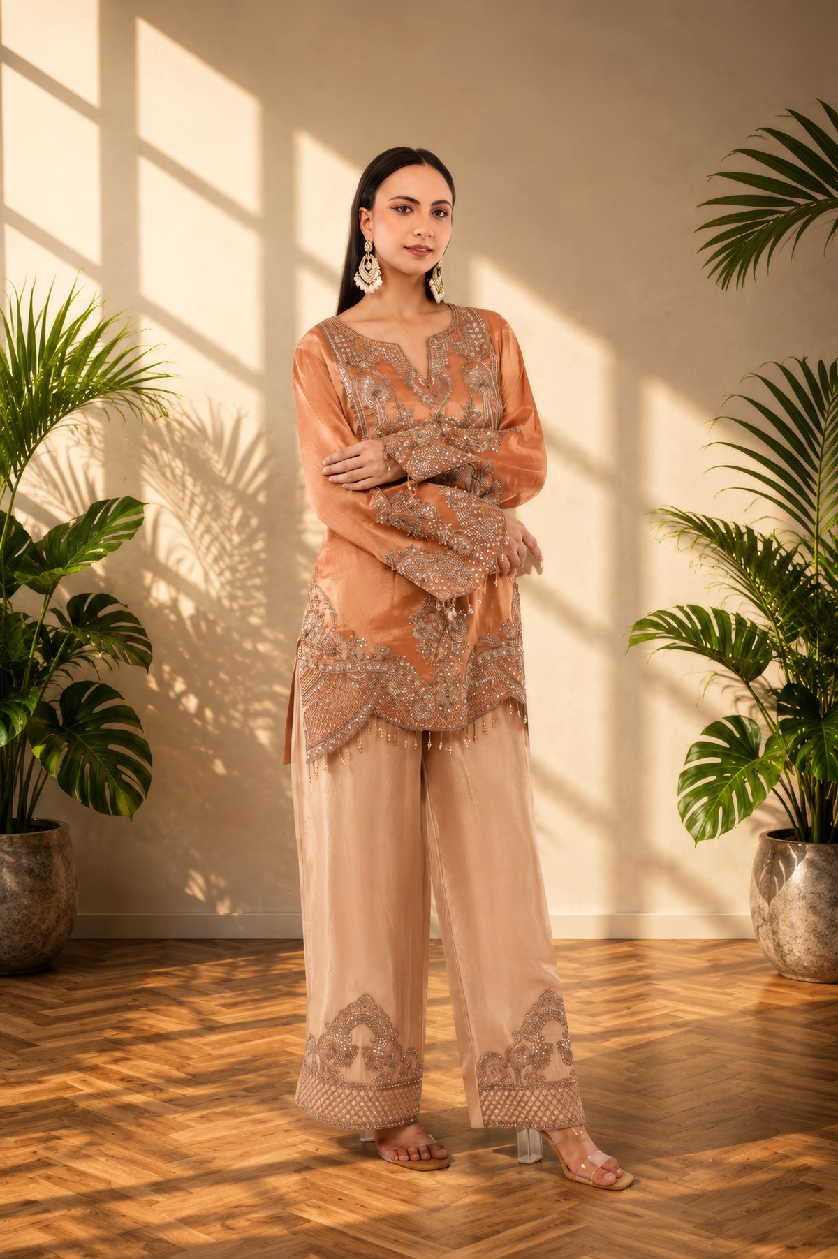 Jiraf silk shirt and bottom, dupatta tissue silk Dori work and beads work with hand