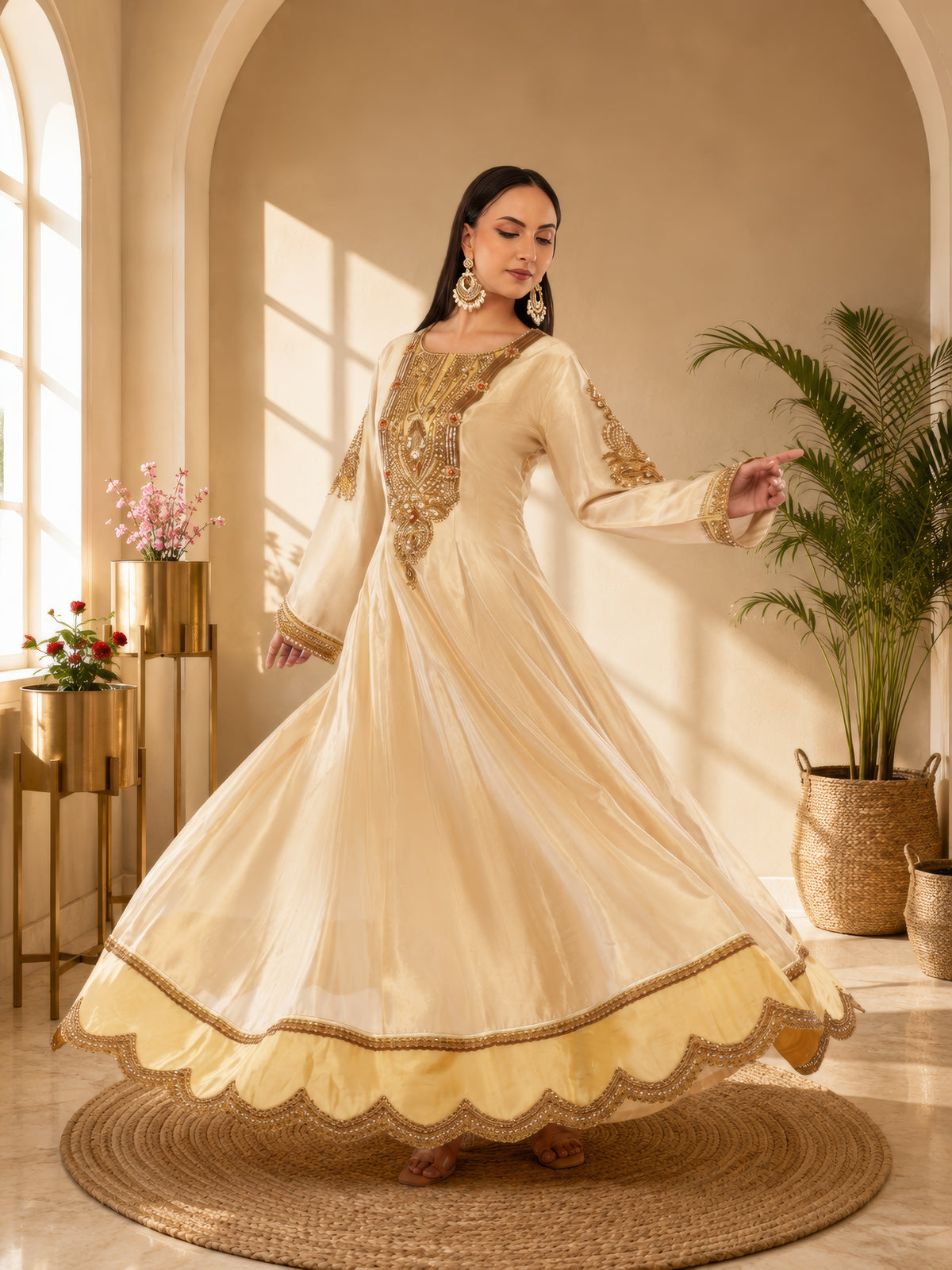 Elegant Jiraaf silk Anarkali with a lustrous finish, paired with a Tissue silk dupatta and intricate hand threadwork