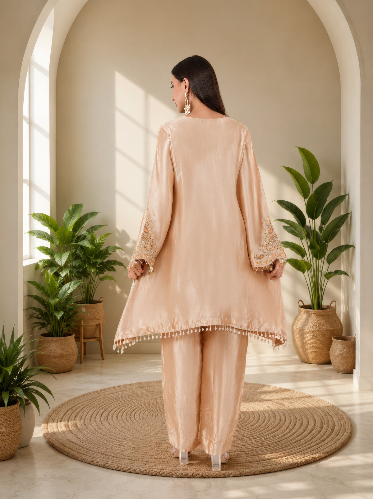 Jiraf silk shirt and bottom, dupatta tissue silk Dori work and beads work with hand