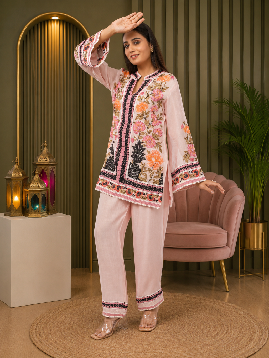 Linen Co-Ord set with hand paint and embroidery