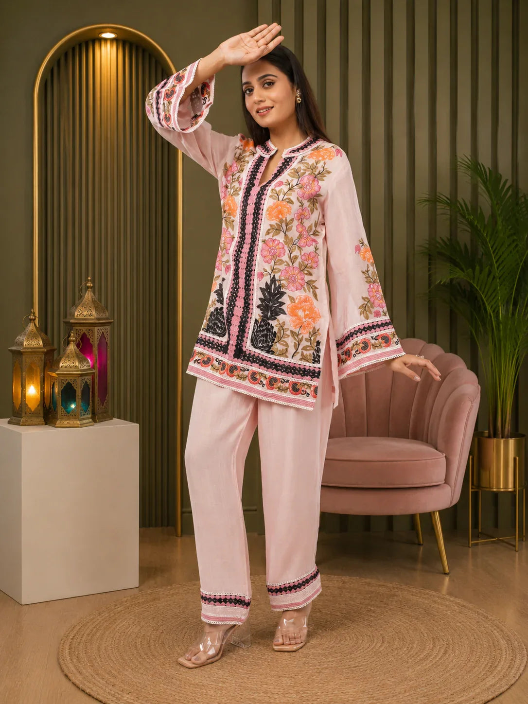 Linen Co-Ord set with hand paint and embroidery