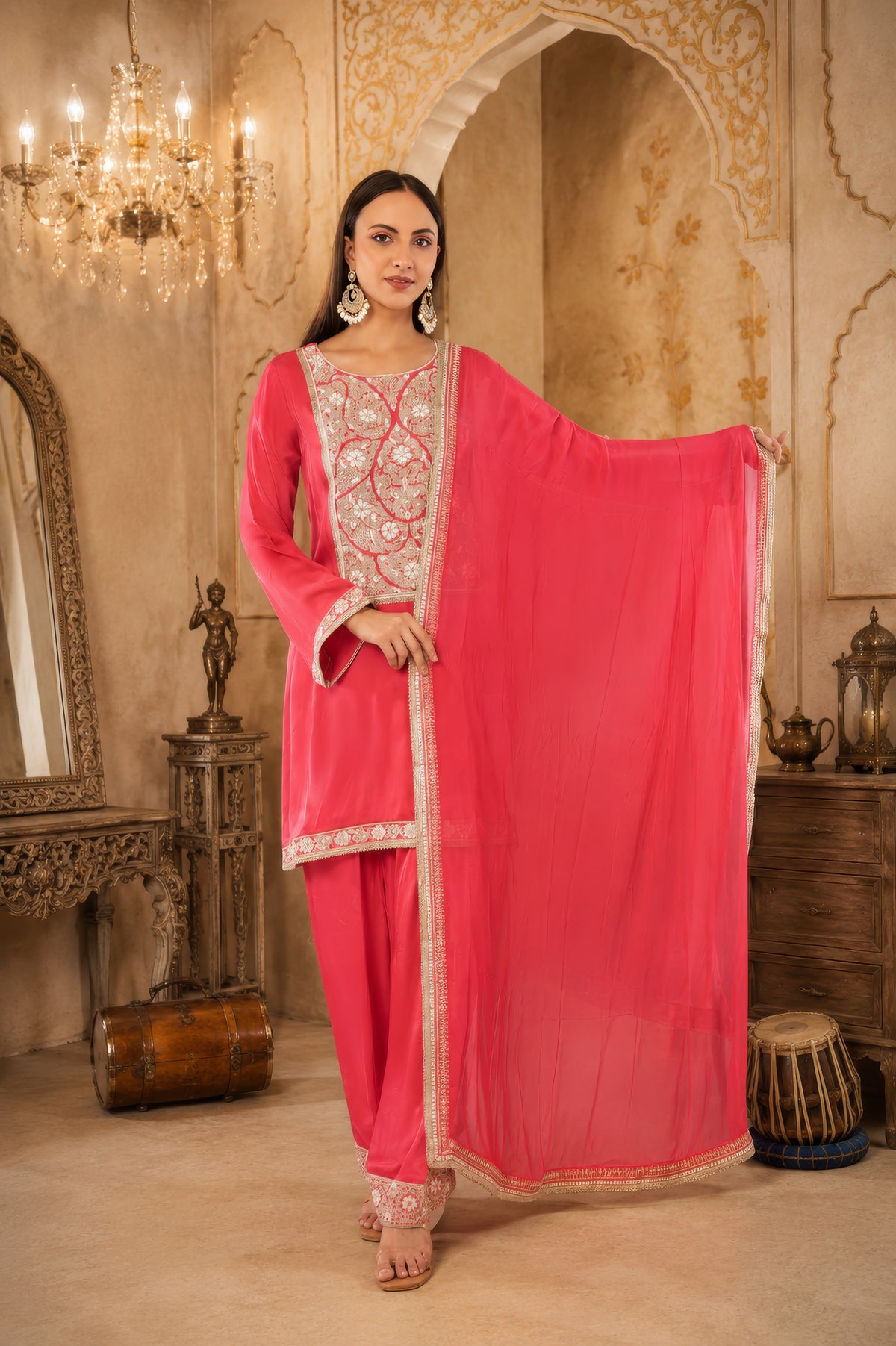 Satin organza shirt and bottom ,Chinon dupatta ,Dori thread work and beads work
