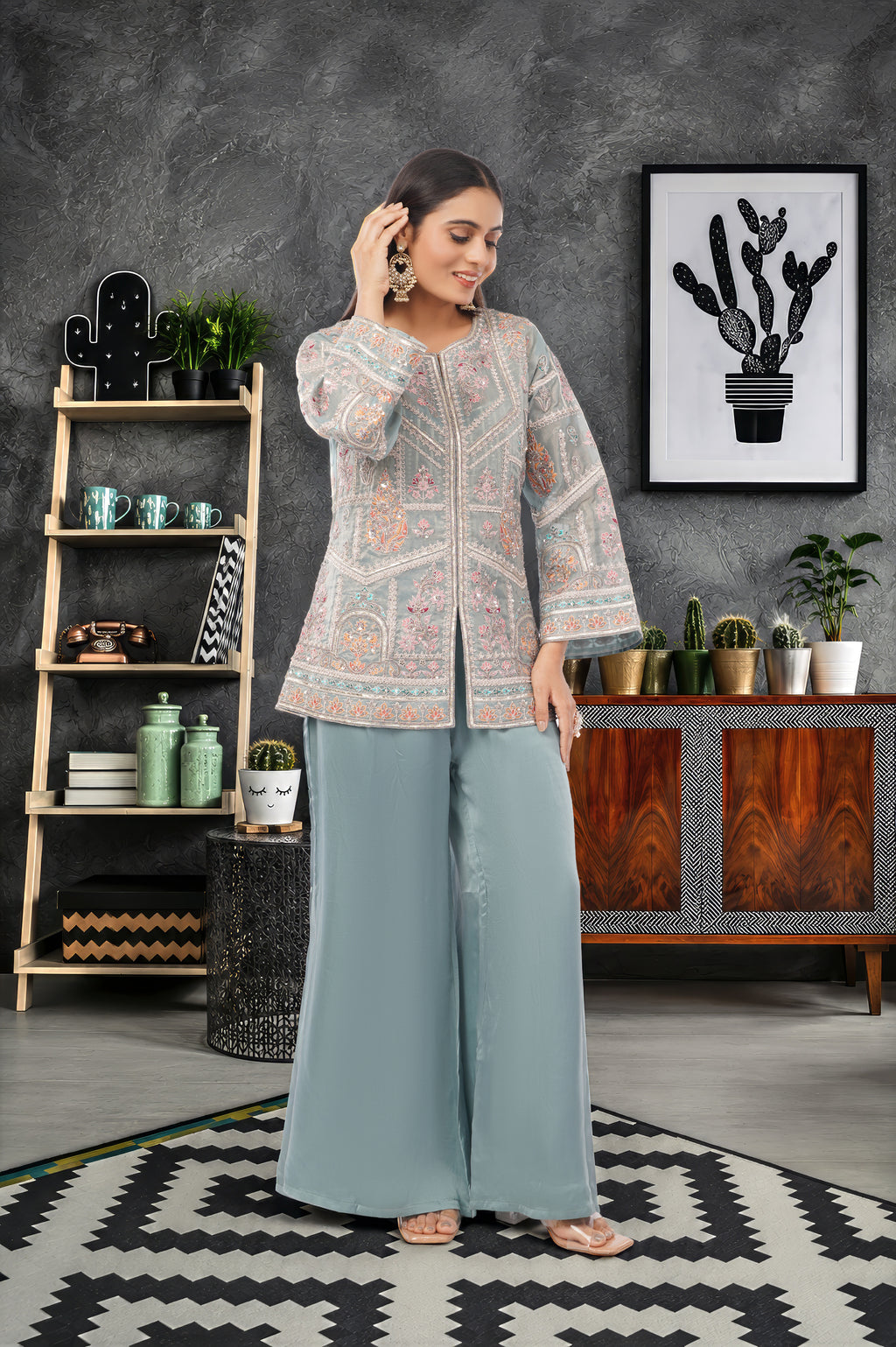 Embroidered Chinon Silk Short top 3 piece set