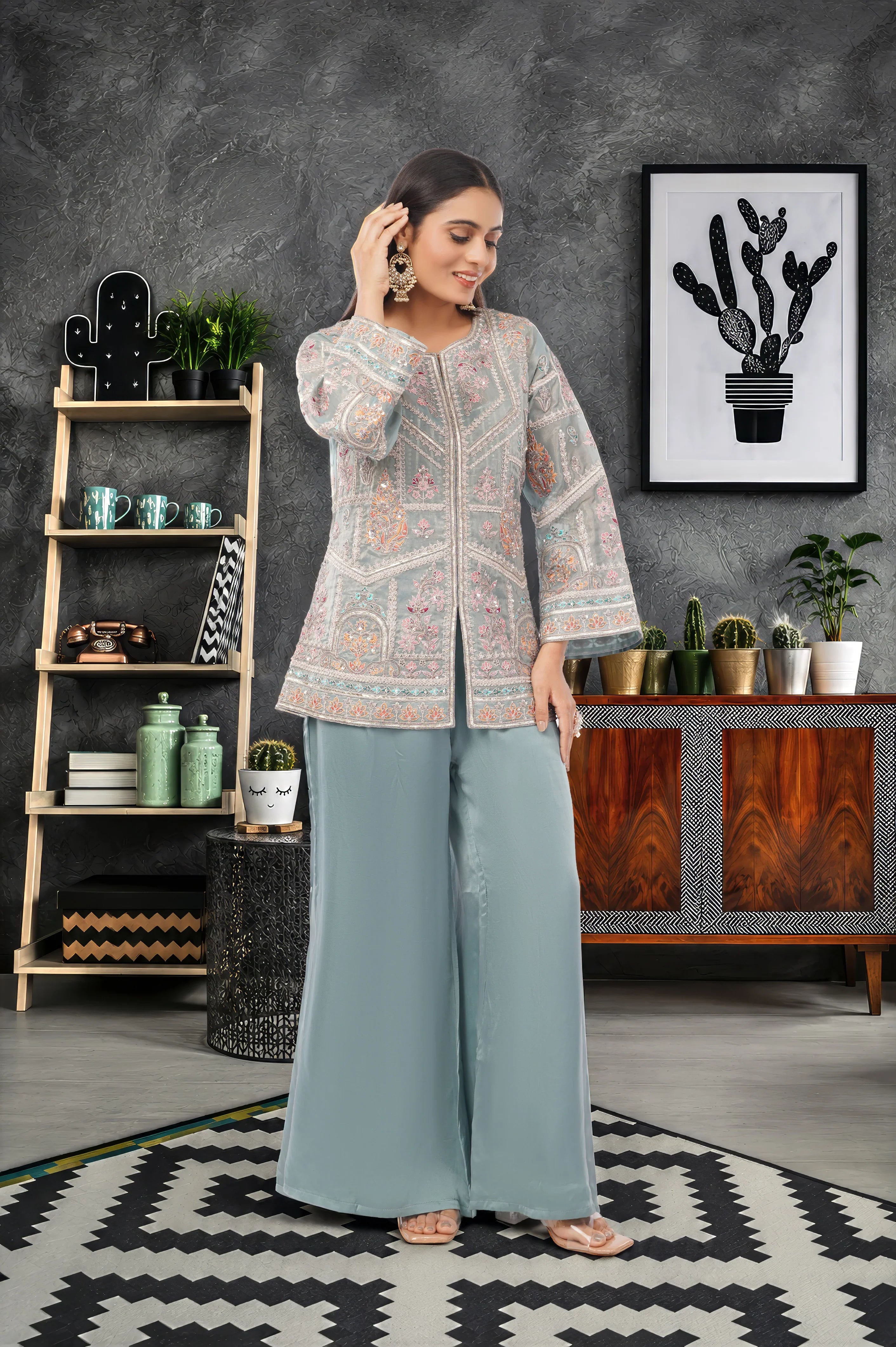 Embroidered Chinon Silk Short top 3 piece set