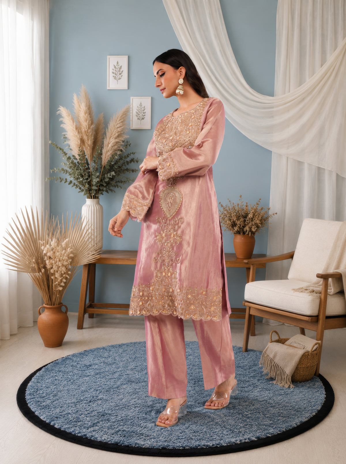Jiraf silk shirt and bottom, dupatta tissue silk Dori work and beads work with hand