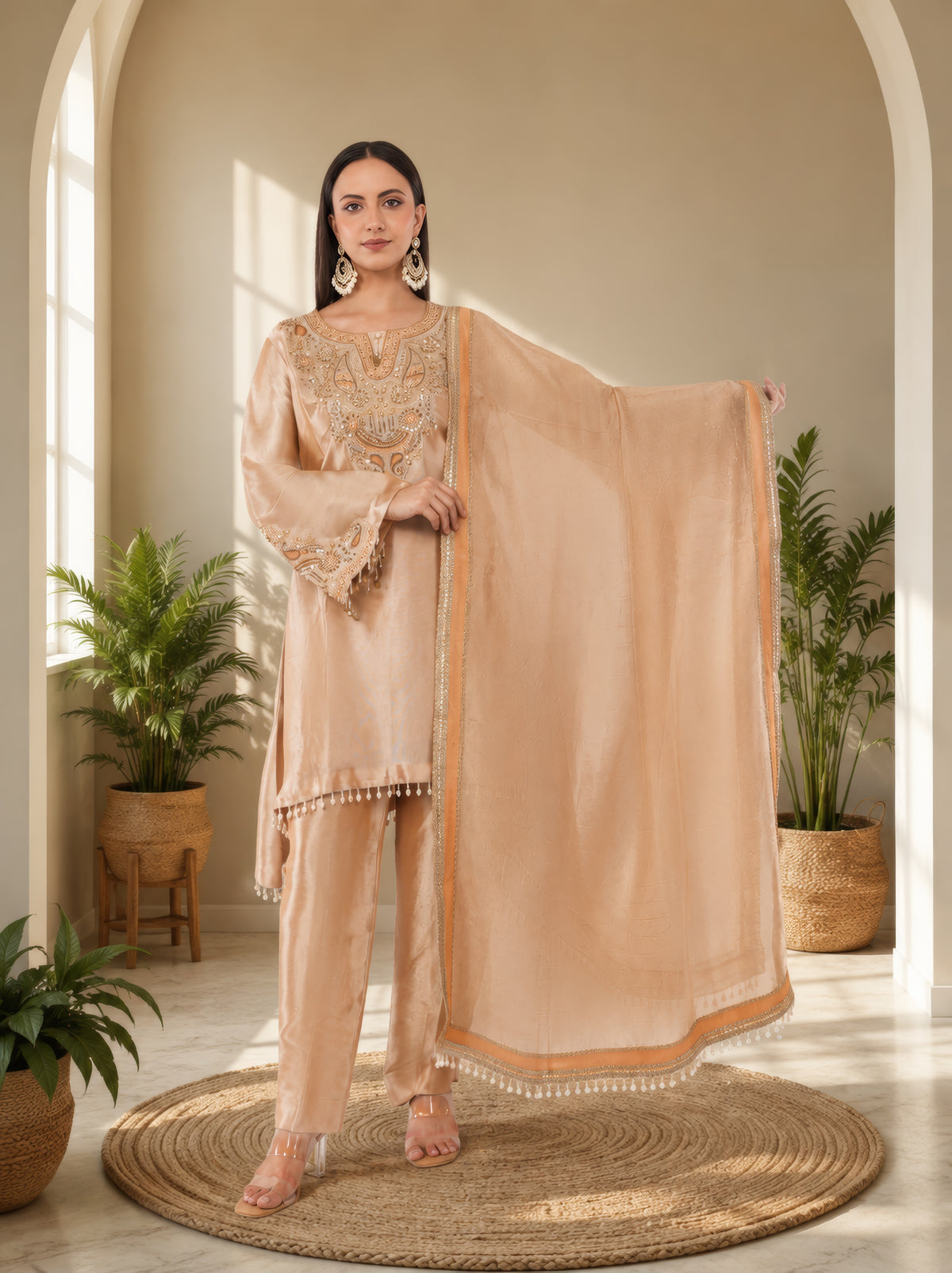 Jiraf silk shirt and bottom, dupatta tissue silk Dori work and beads work with hand