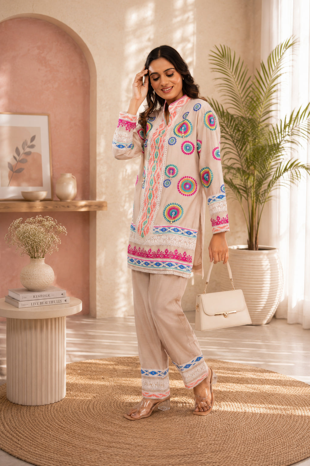 Linen Co-Ord set with hand paint and embroidery