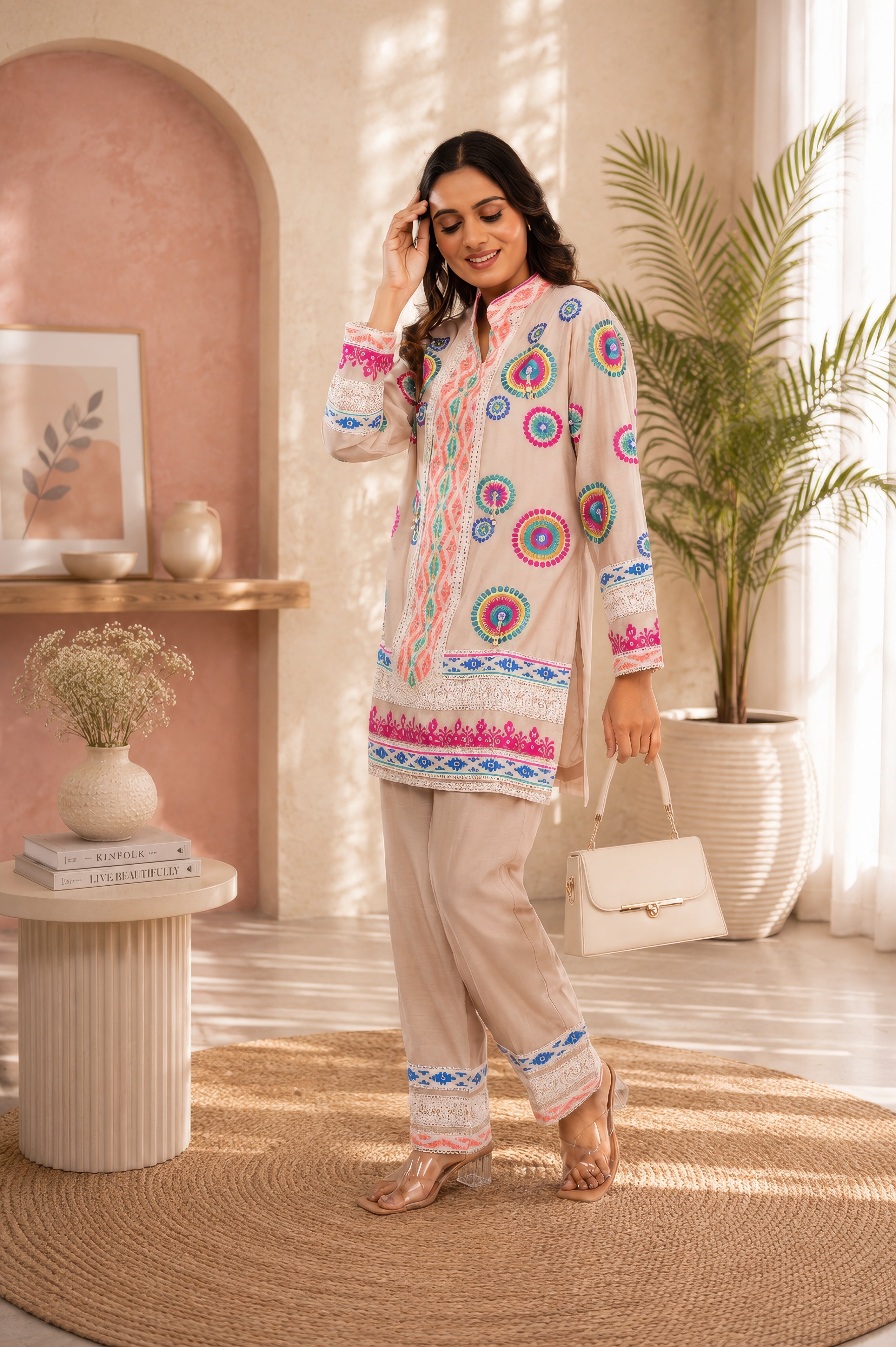 Linen Co-Ord set with hand paint and embroidery