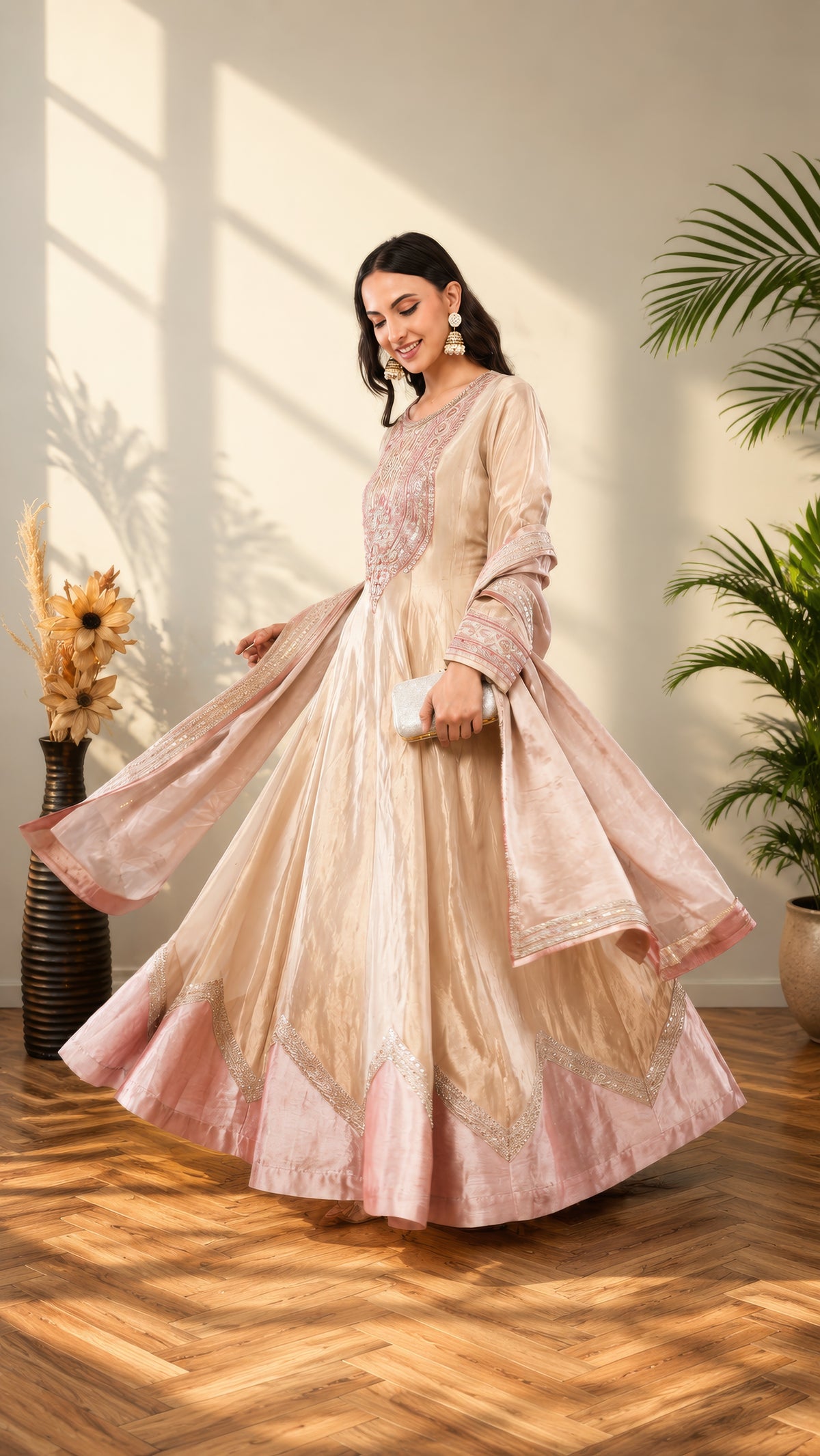 Elegant Jiraaf silk Anarkali with a lustrous finish, paired with a Tissue silk dupatta and intricate hand threadwork
