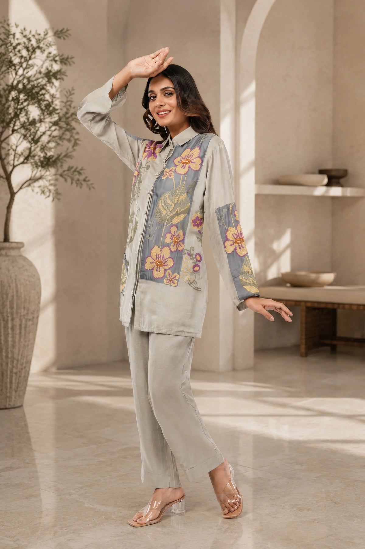Linen Co-Ord set with hand paint and embroidery