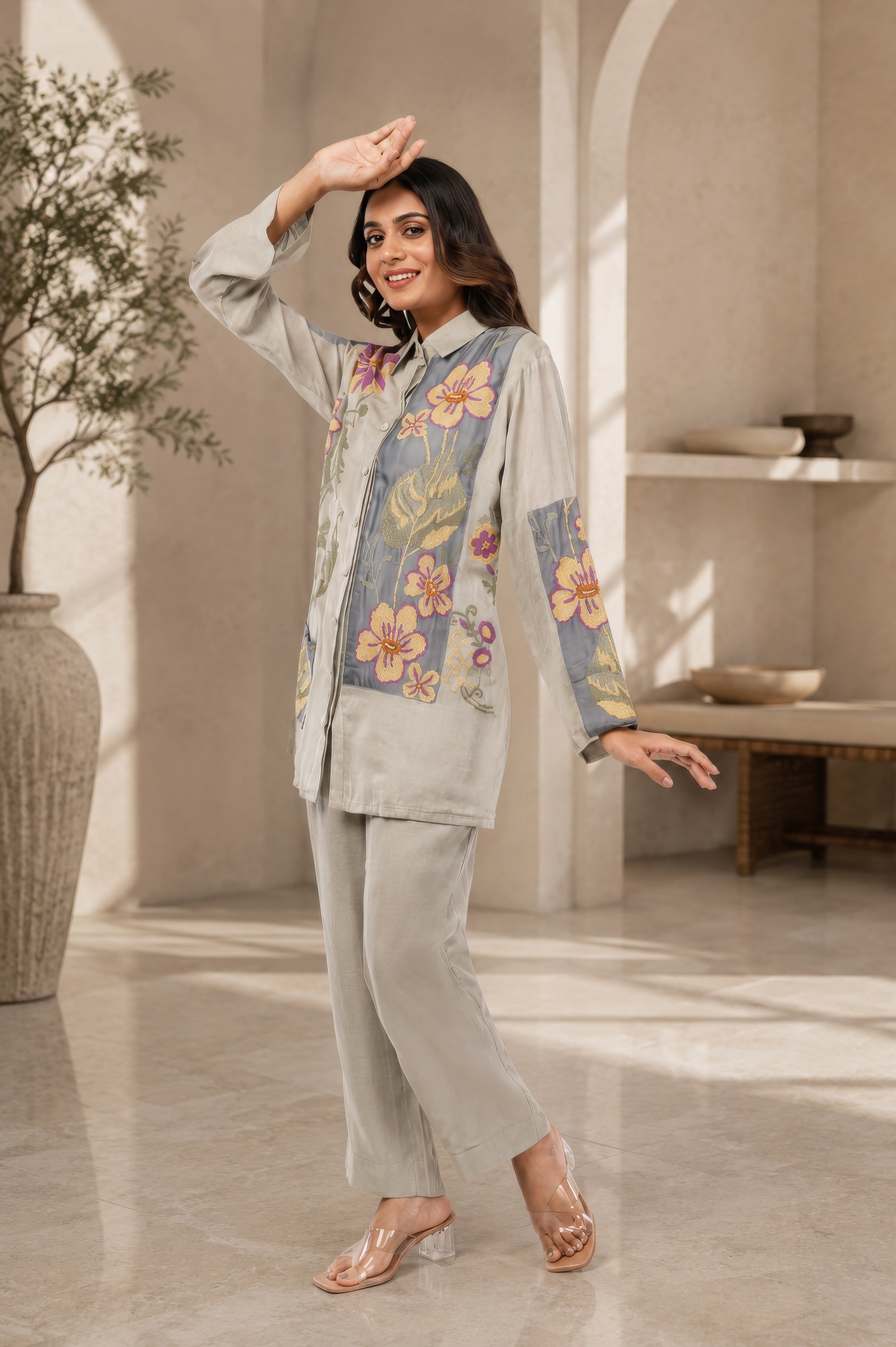Linen Co-Ord set with hand paint and embroidery
