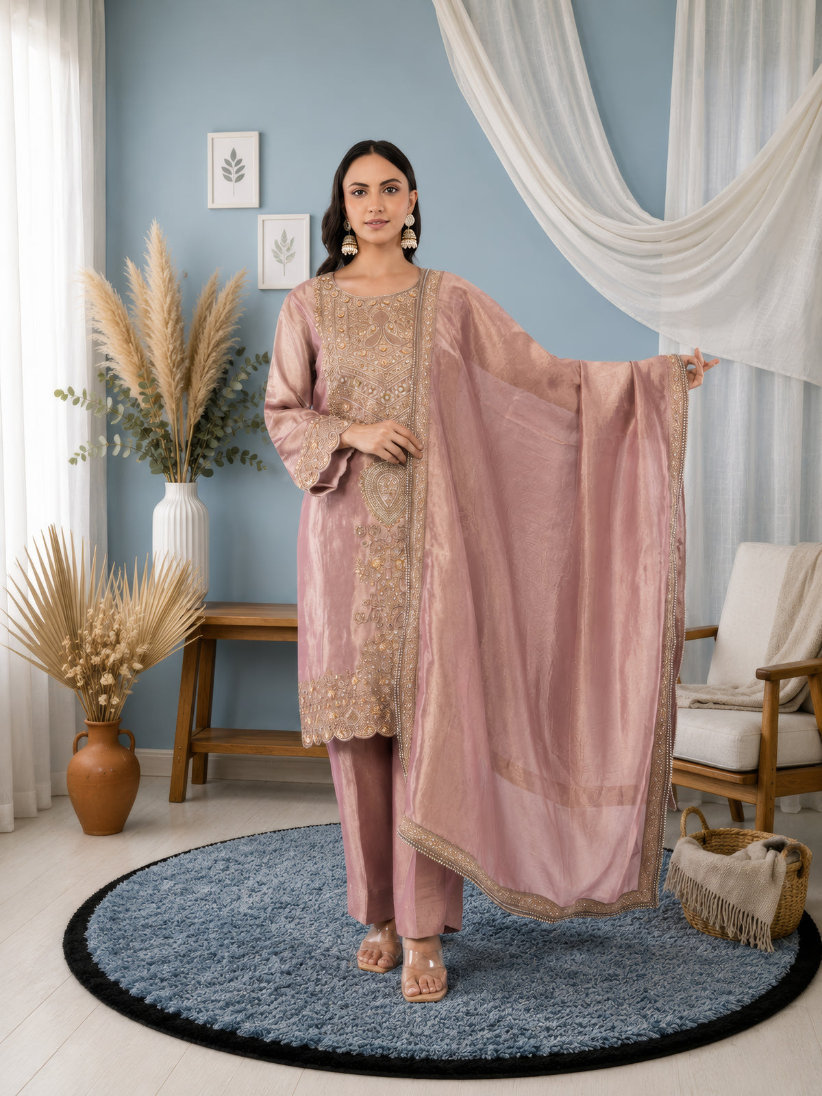 Jiraf silk shirt and bottom, dupatta tissue silk Dori work and beads work with hand