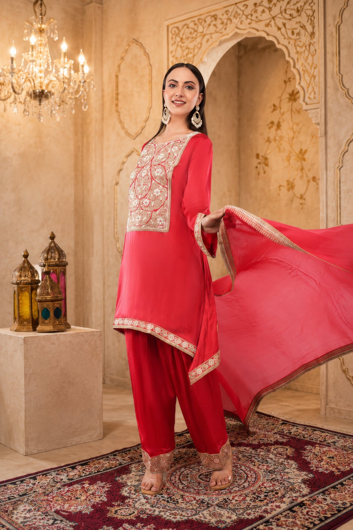 Satin organza shirt and bottom ,Chinon dupatta ,Dori thread work and beads work