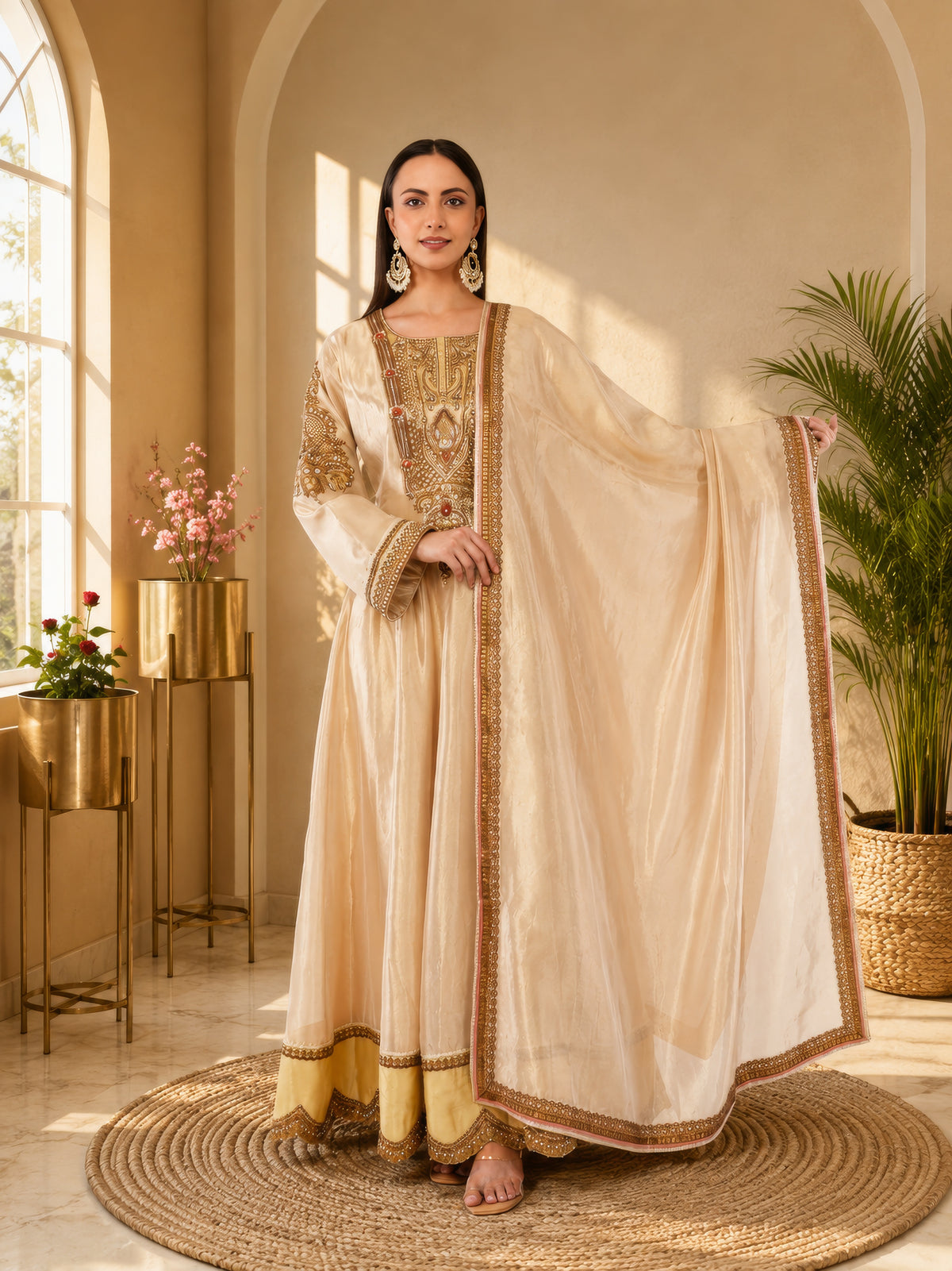 Elegant Jiraaf silk Anarkali with a lustrous finish, paired with a Tissue silk dupatta and intricate hand threadwork