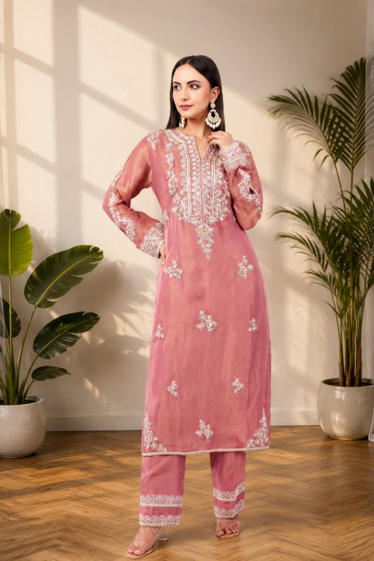 Organza tissue shirt dupatta and bottom, thread embroidery and hand work