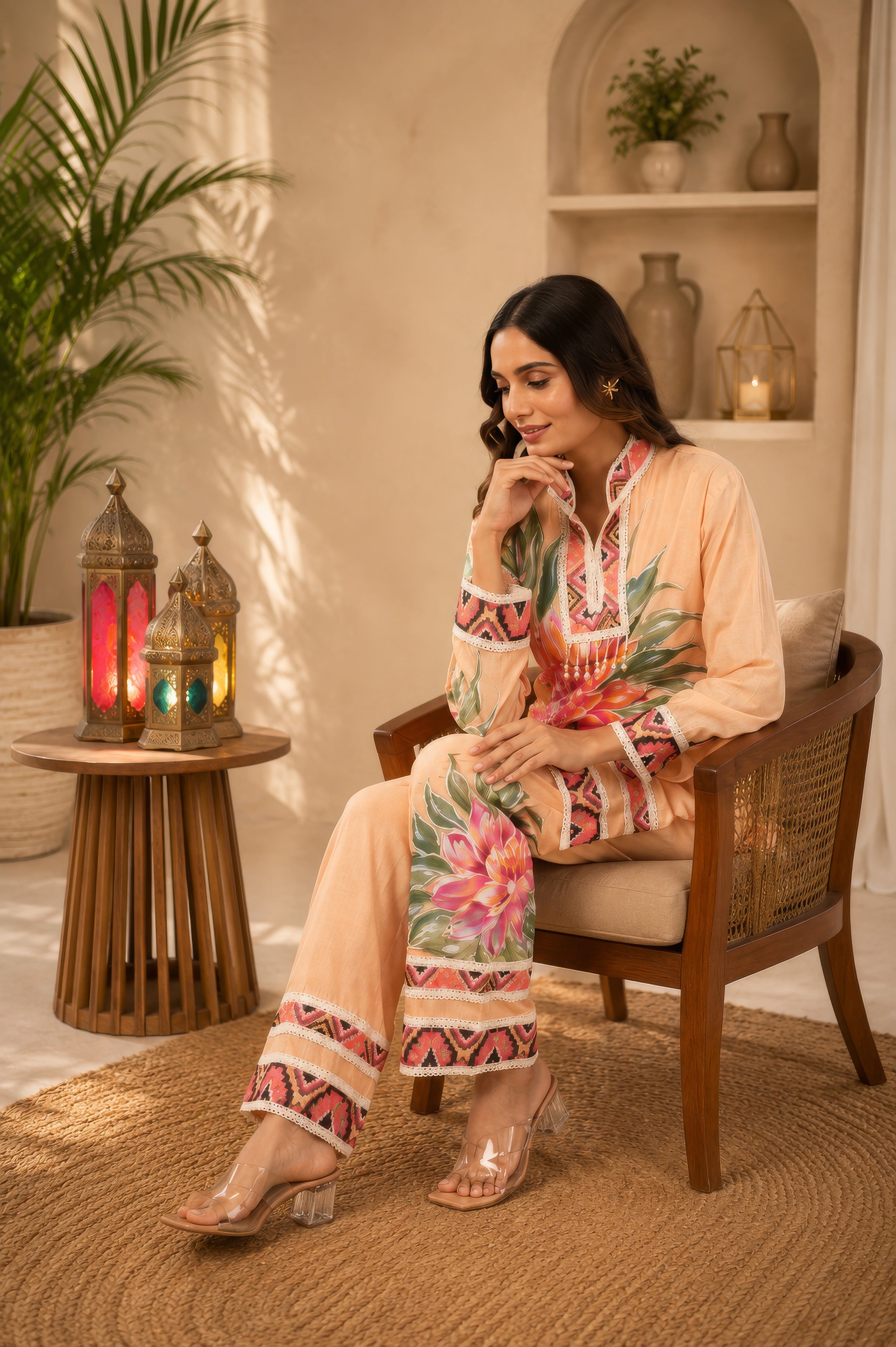 Linen Co-Ord set with hand paint and embroidery