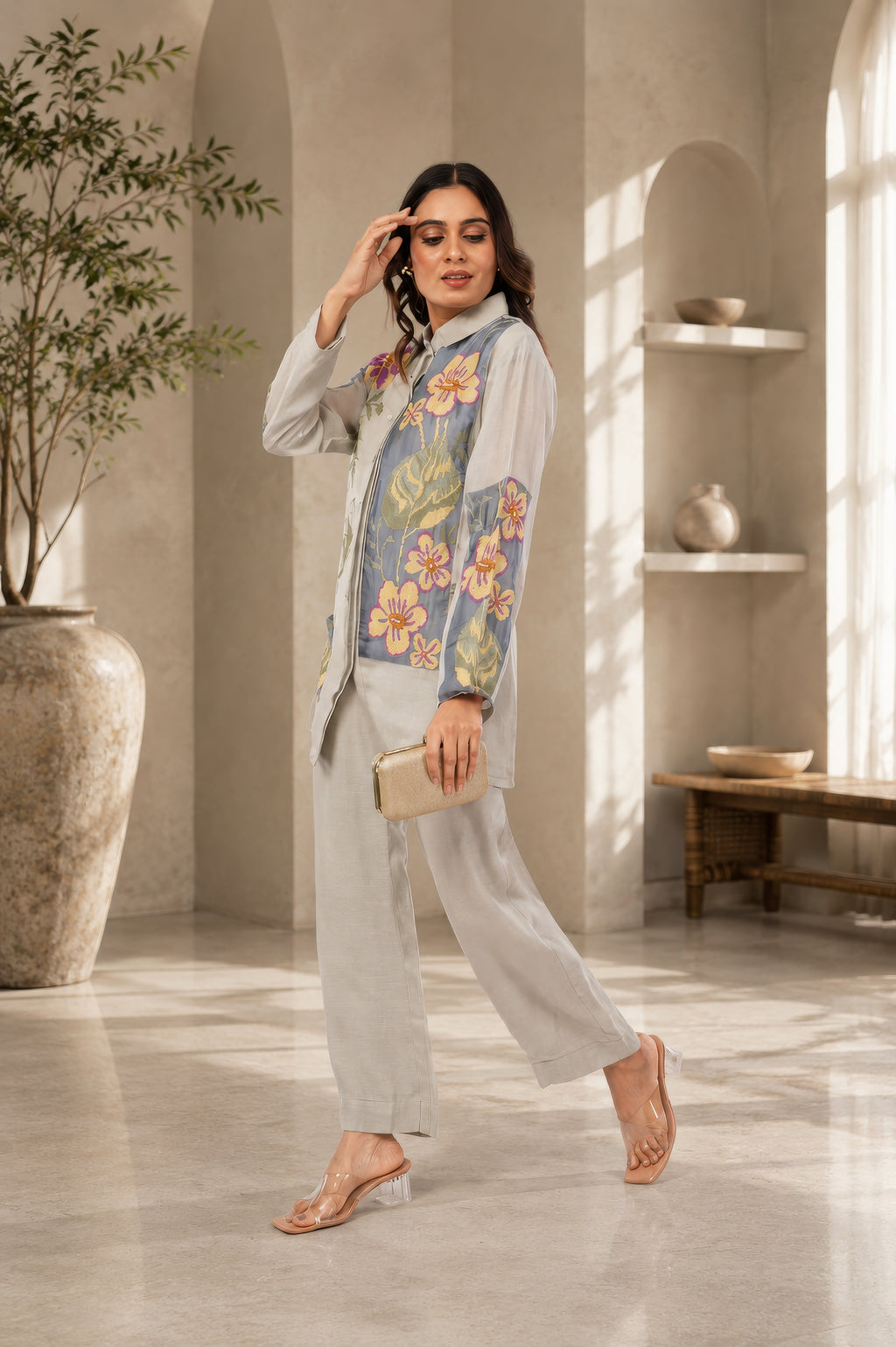 Linen Co-Ord set with hand paint and embroidery