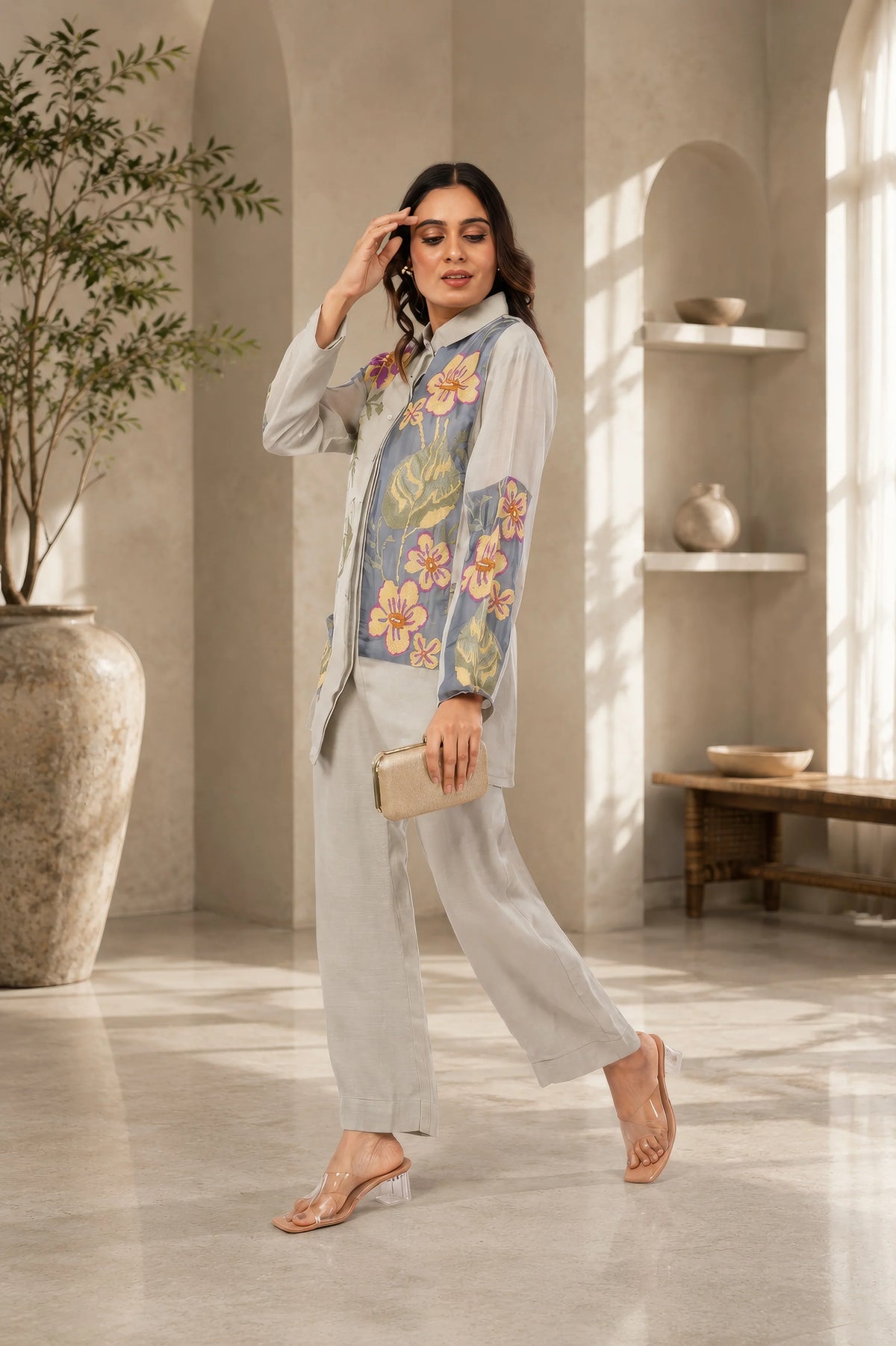 Linen Co-Ord set with hand paint and embroidery