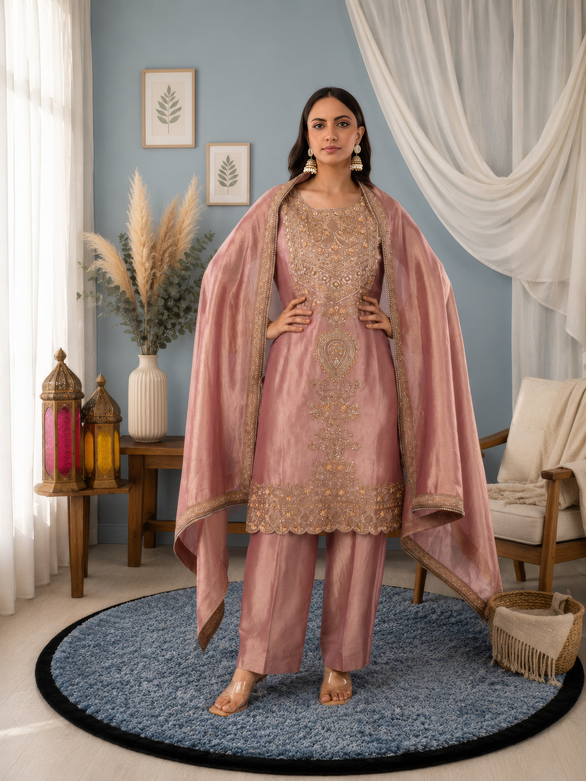 Jiraf silk shirt and bottom, dupatta tissue silk Dori work and beads work with hand