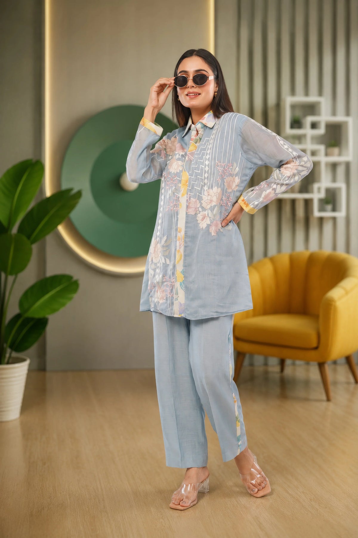 Linen Co-Ord set with hand paint and embroidery