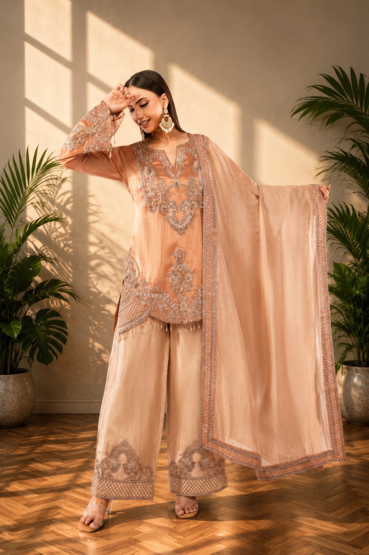 Jiraf silk shirt and bottom, dupatta tissue silk Dori work and beads work with hand