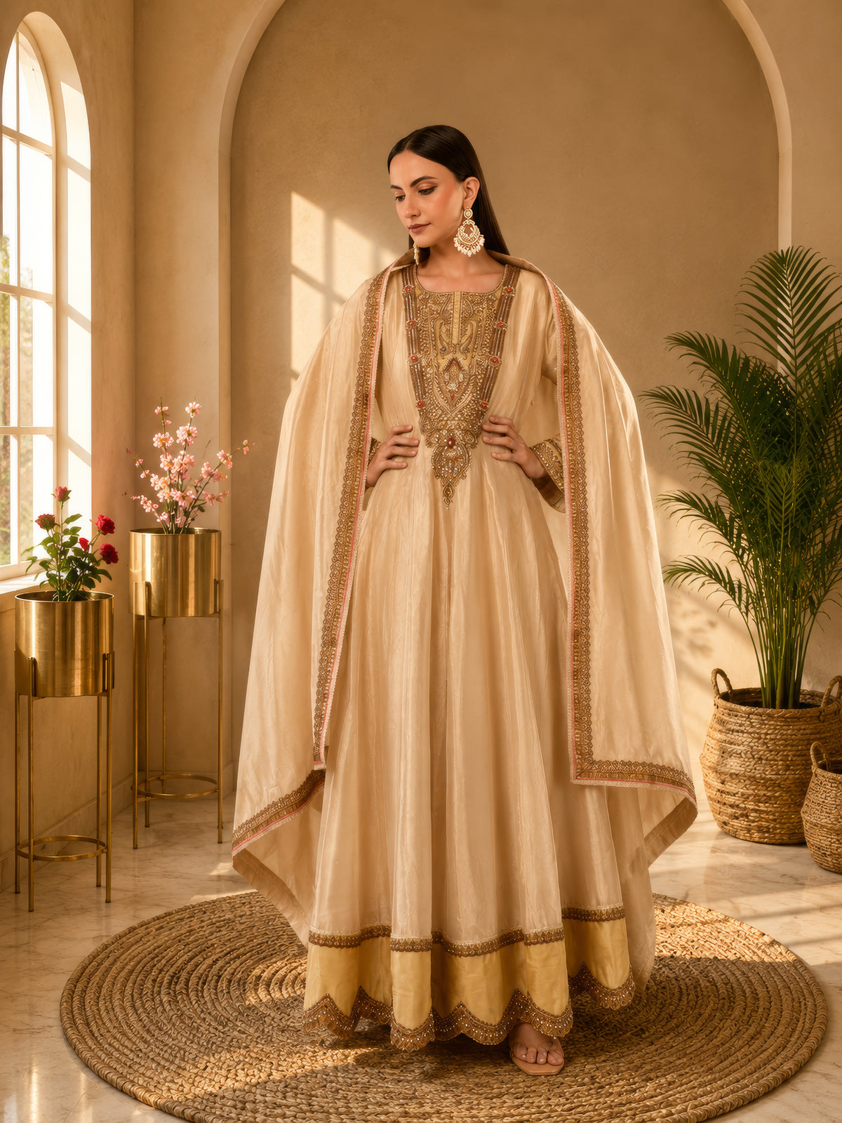 Elegant Jiraaf silk Anarkali with a lustrous finish, paired with a Tissue silk dupatta and intricate hand threadwork